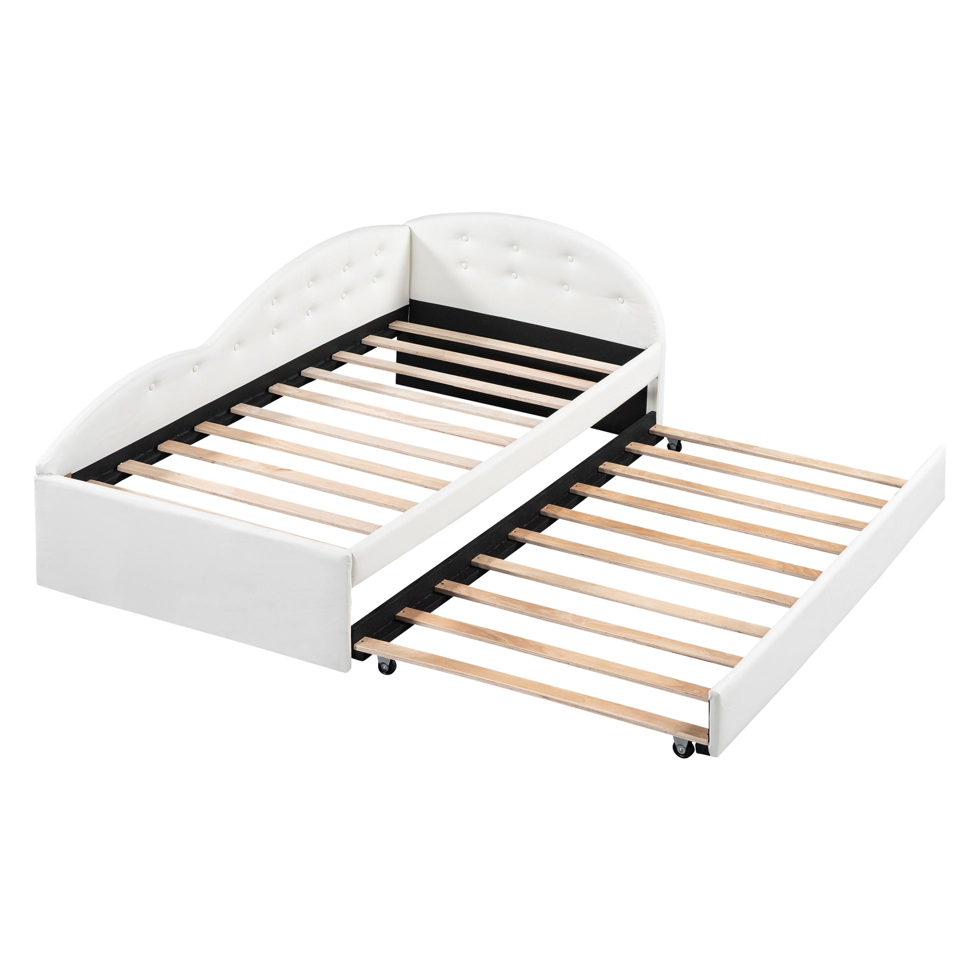 Twin Size Pu Upholstered Tufted Daybed With Trundle And Cloud Shaped Guardrail, White Box Spring Not Required Twin White Wood Faux Leather Upholstered