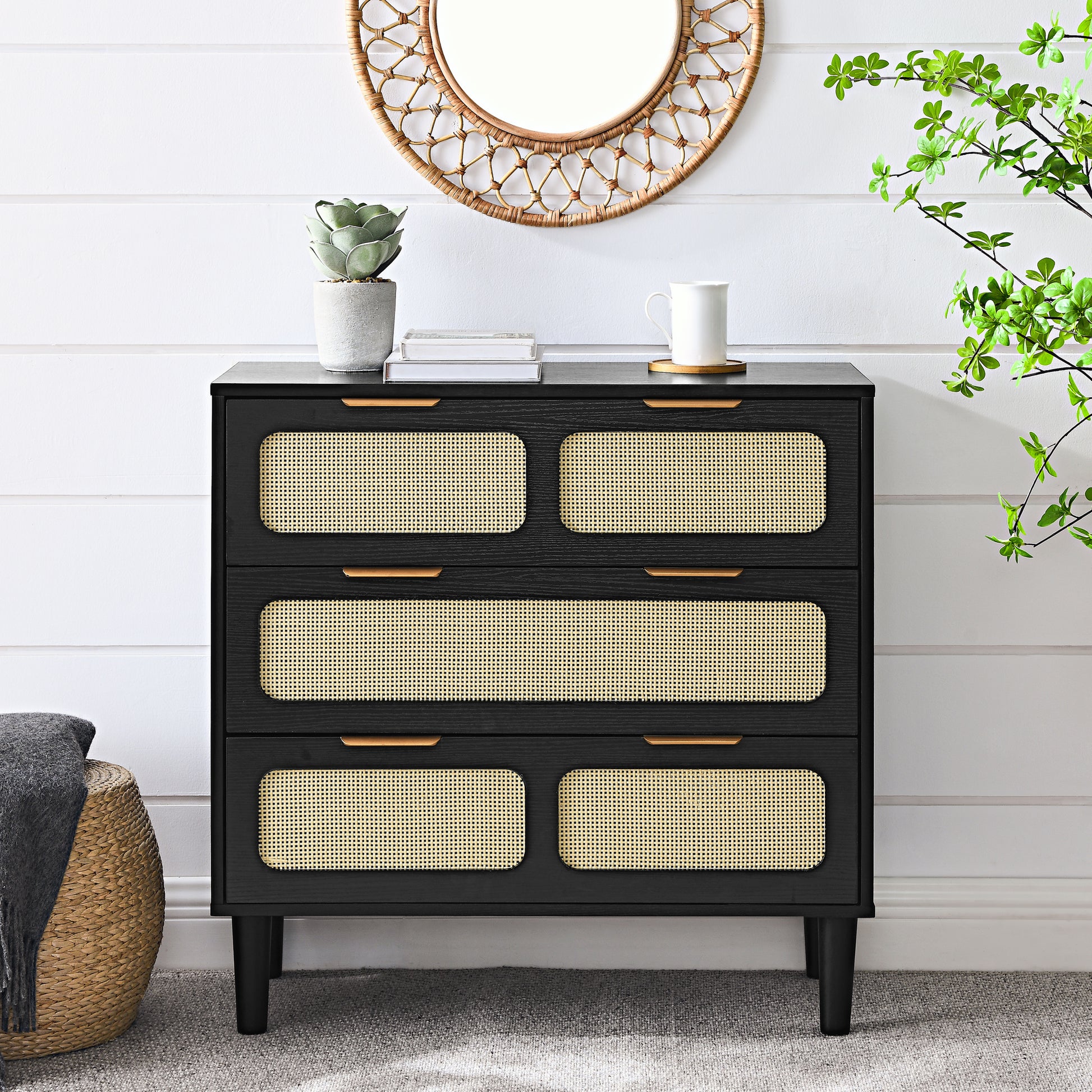 3 Drawer Dresser, Modern Rattan Dresser Cabinet With Wide Drawers And Metal Handles, Farmhouse Wooden Storage Chest Of Drawers For Room, Living Room, 3 Drawer Dresser, Modern Rattan Dresser Cabinet With Wide Drawers And Metal Handles, Farmhouse Wooden Storage Chest Of Drawers For Room, Living Room,
