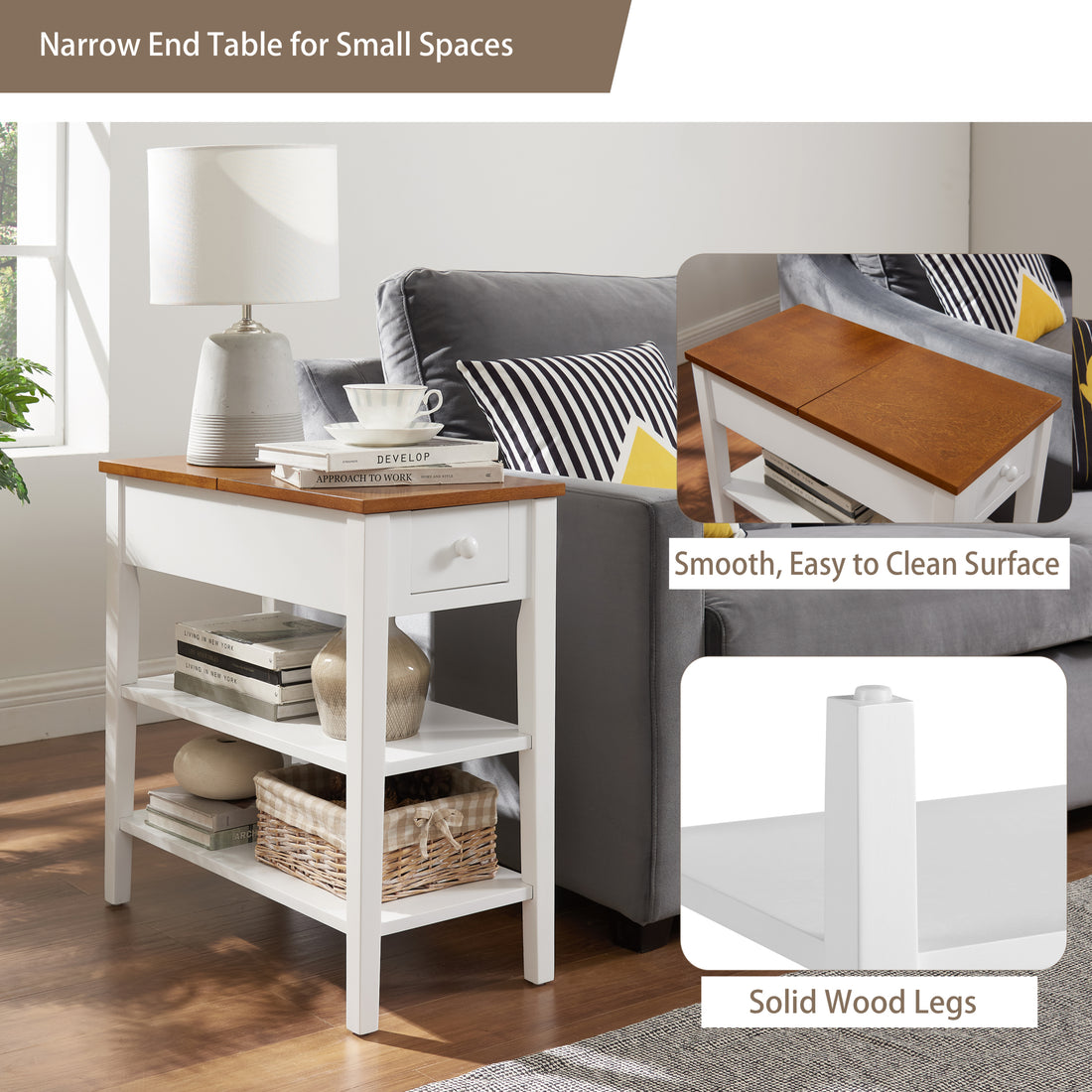 Narrow 2 Tone End Table With Usb Charging Ports For Small Space, Solid Wood Table Legs, White And Walnut, 11.8"W*24"D*24.2"H White Mdf