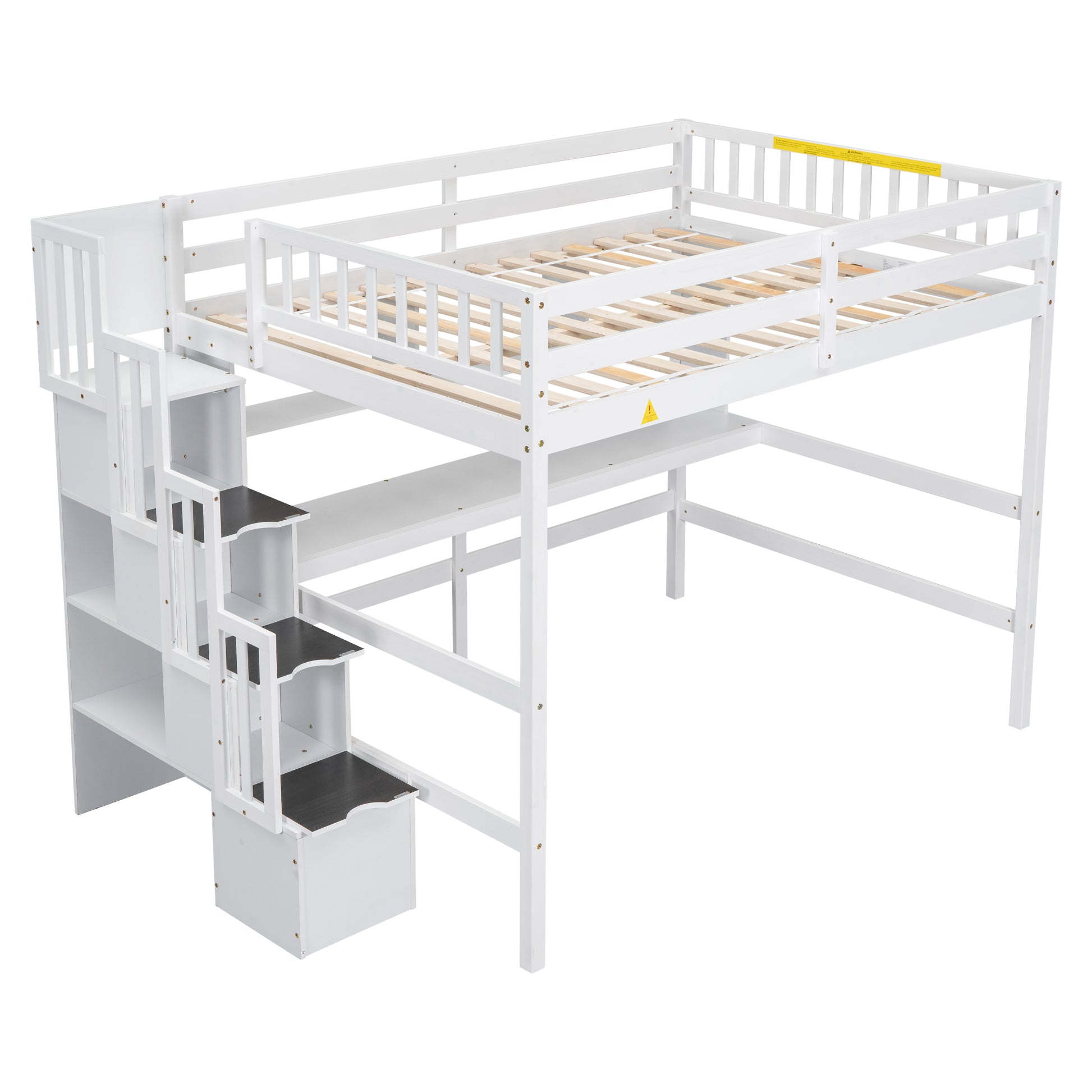 Full Size Loft Bed With Built In Desk, Bookshelves And Storage Staircase,White Full White American Design Pine