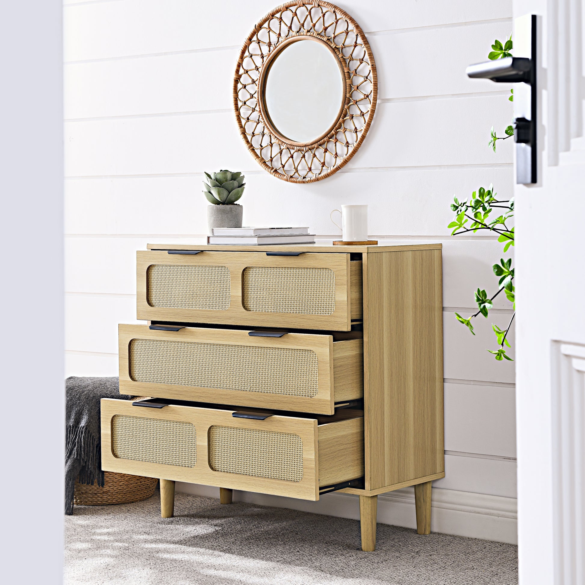 3 Drawer Dresser, Modern Rattan Dresser Cabinet With Wide Drawers And Metal Handles, Farmhouse Wooden Storage Chest Of Drawers For Room, Living Room, Hallway, Entrance, Office Natural Wood Solid Wood Mdf