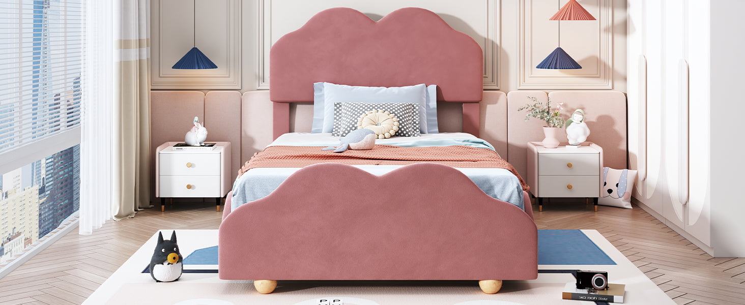 Twin Size Upholstered Platform Bed With Cloud Shaped Bed Board, Dark Pink Dark Pink Velvet