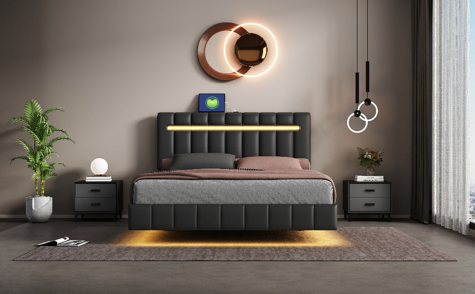 Queen Size Floating Bed Frame With Led Lights And Usb Charging,Modern Upholstered Platform Led Bed Frame,Black Black Pu