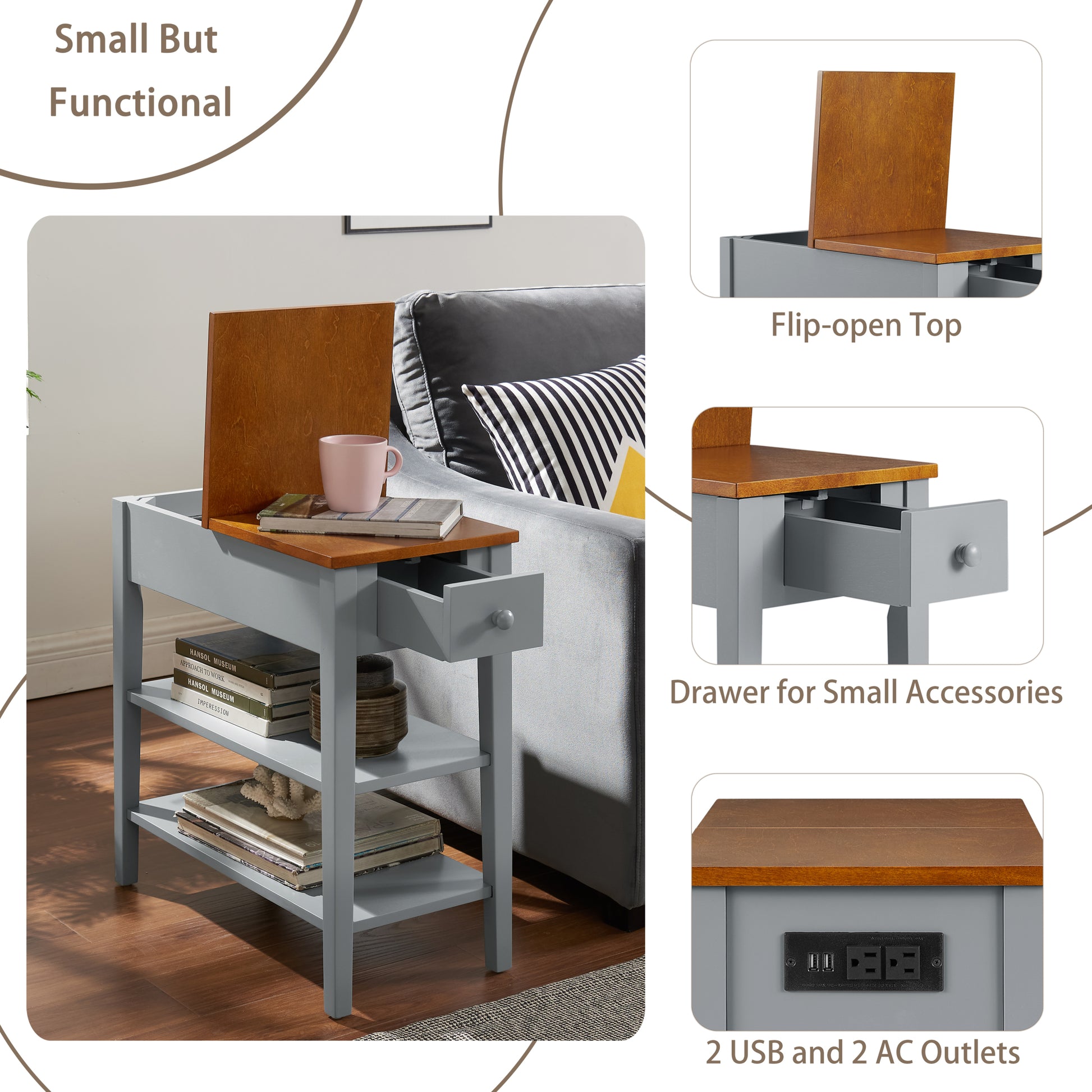 Narrow 2 Tone End Table With Usb Charging Ports For Small Space, Solid Wood Table Legs, Gray And Walnut, 11.8"W*24"D*24.2"H Gray Mdf