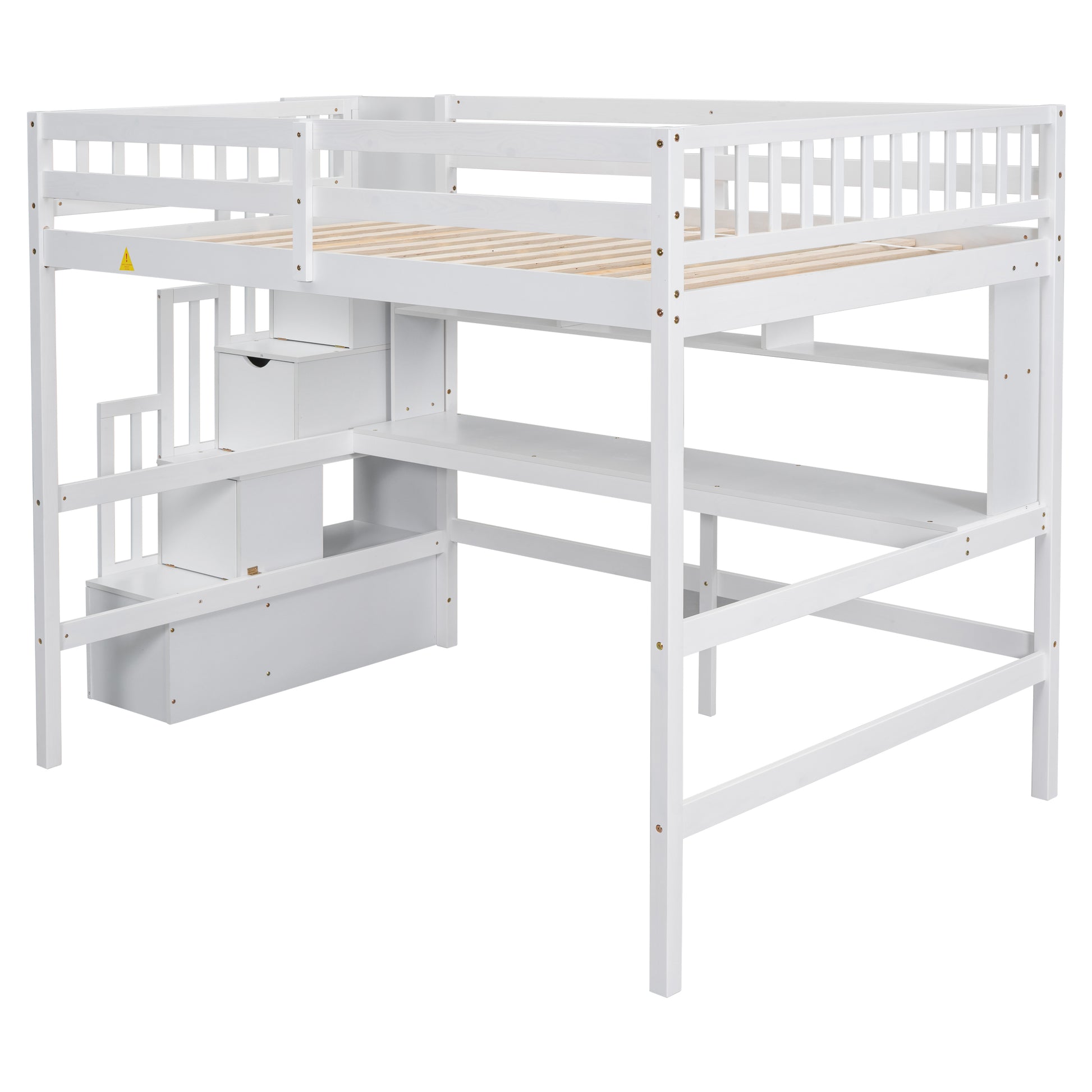 Full Size Loft Bed With Built In Desk, Bookshelves And Storage Staircase,White Full White American Design Pine