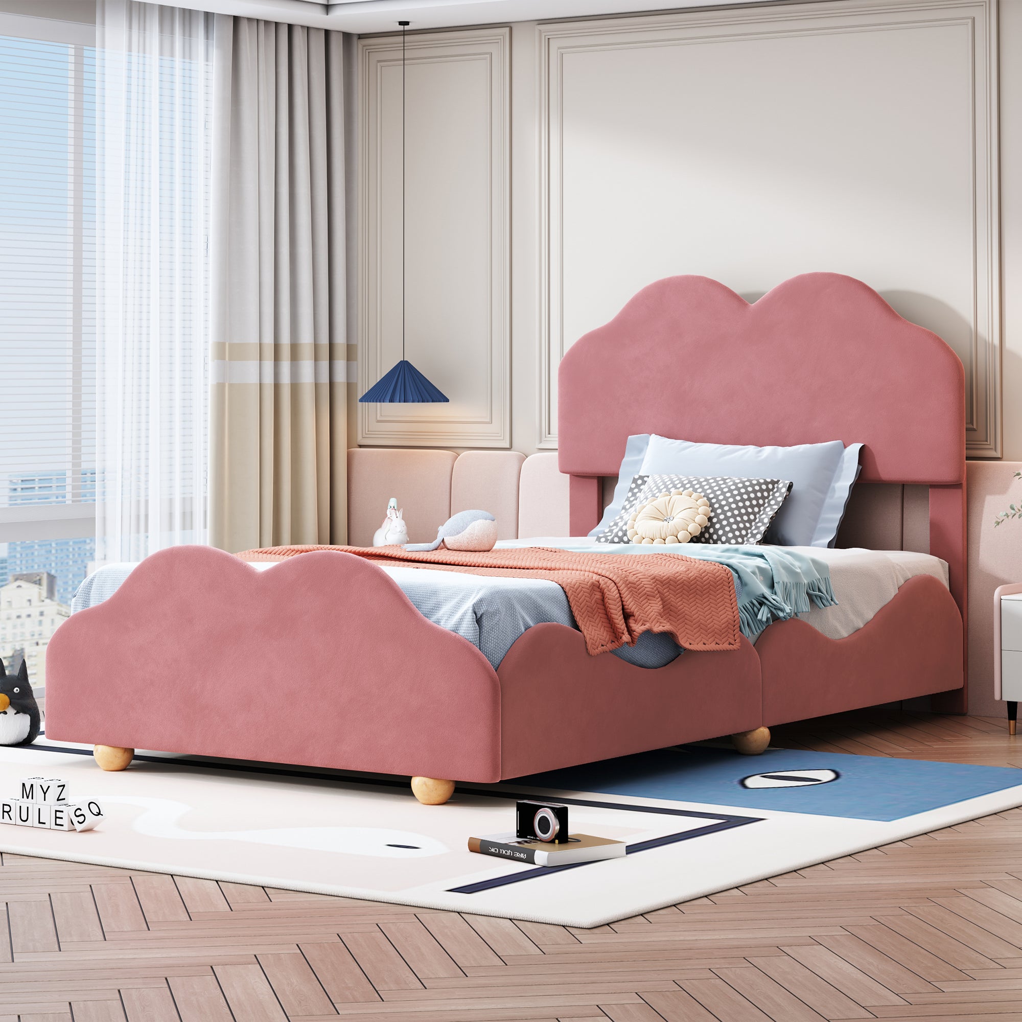 Twin Size Upholstered Platform Bed With Cloud Shaped Bed Board, Dark Pink Dark Pink Velvet