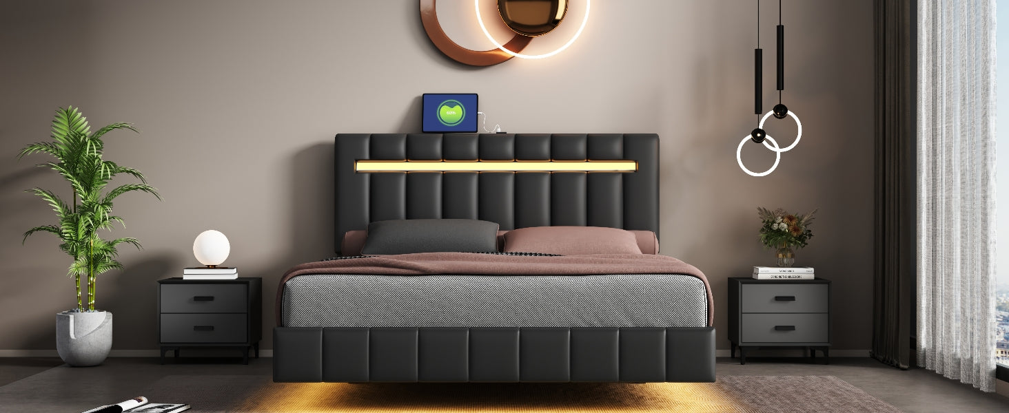 Queen Size Floating Bed Frame With Led Lights And Usb Charging,Modern Upholstered Platform Led Bed Frame,Black Black Pu