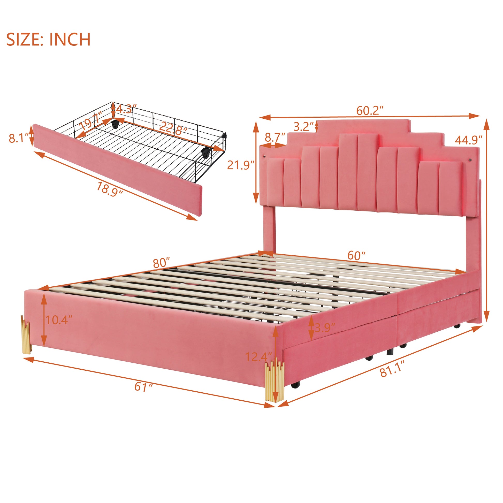 Queen Size Upholstered Platform Bed With Led Lights And 4 Drawers, Stylish Irregular Metal Bed Legs Design, Pink Pink Velvet