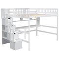 Full Size Loft Bed With Built In Desk, Bookshelves And Storage Staircase,White Full White American Design Pine