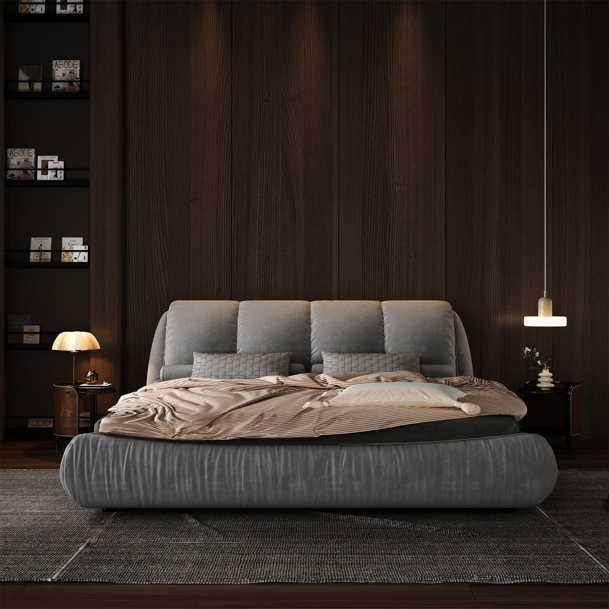 Queen Size Upholstered Platform Bed With Oversized Padded Backrest, Thickening Pinewooden Slats And Solid Wood Leg,Grey Queen Grey Pine Solid Wood
