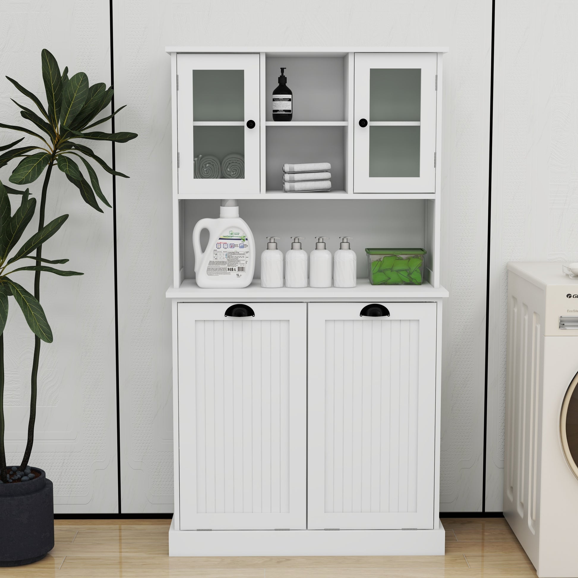 Two Compartment Tilt Out Dirty Laundry Basket Tall Bathroom Cabinet With 2 Adjustable Shelves White White Mdf