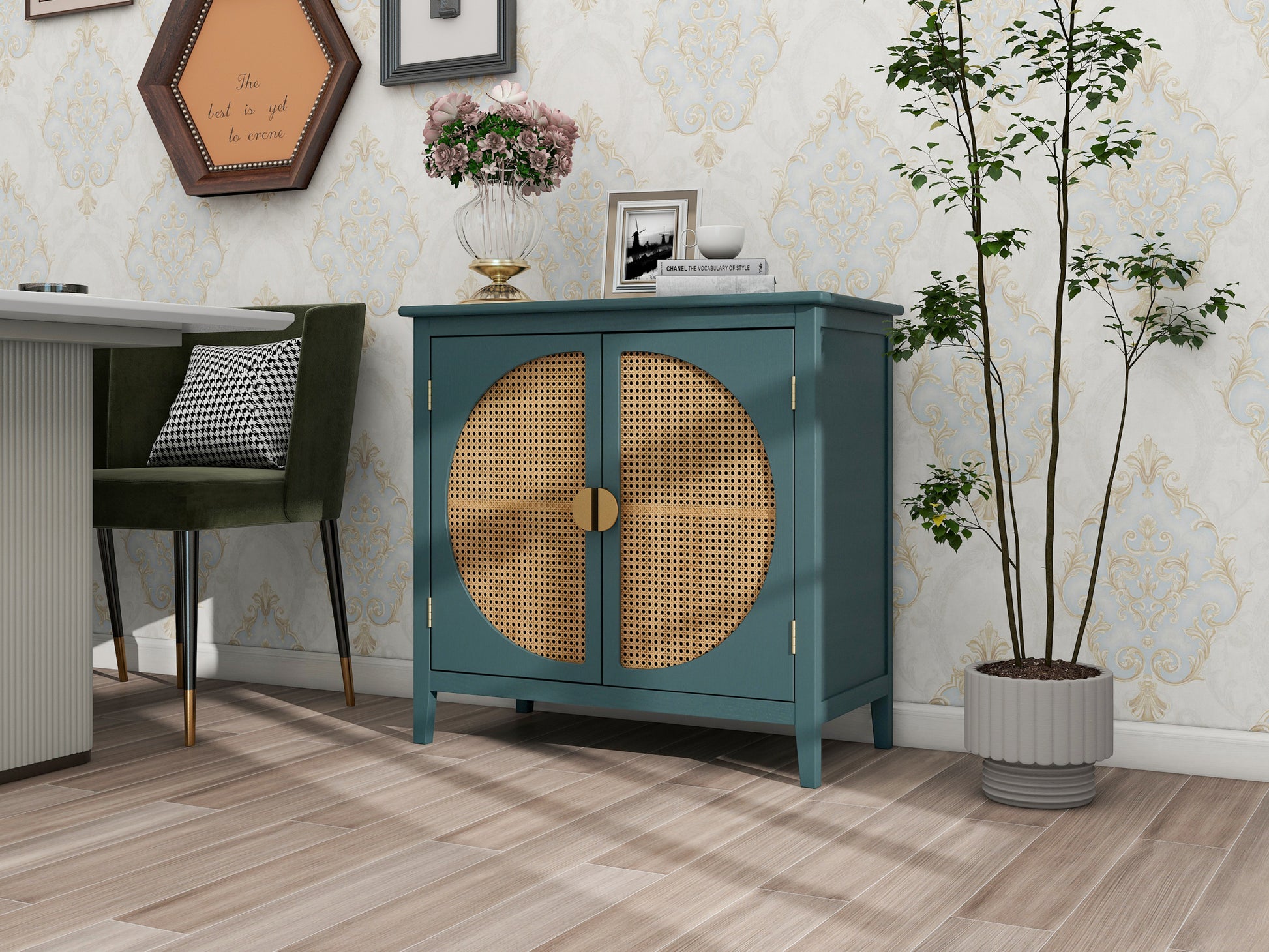 2 Door Cabinet With Semicircular Elements,Natural Rattan Weaving,Suitable For Multiple Scenes Such As Living Room, Bedroom, Study Room Dark Green Mdf