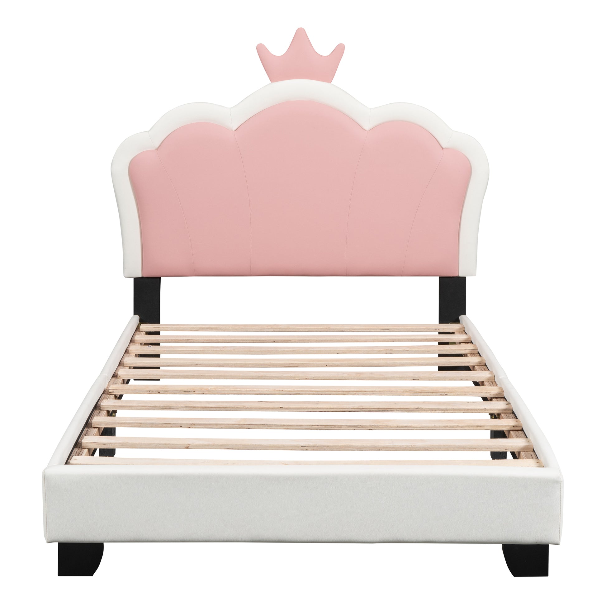 Twin Size Upholstered Princess Bed With Crown Headboard,Twin Size Platform Bed With Headboard And Footboard, White Pink Pink Pu