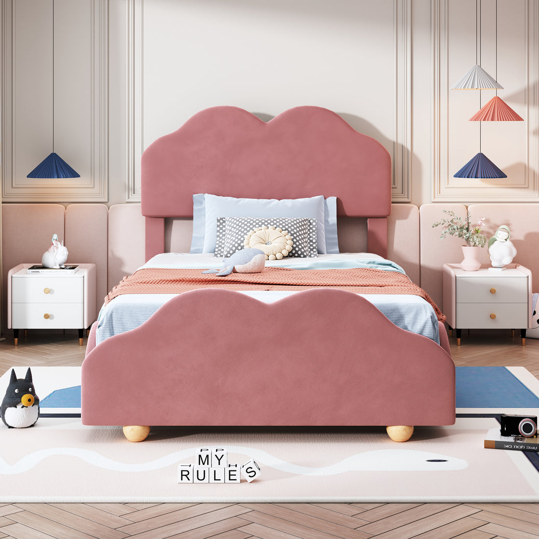 Twin Size Upholstered Platform Bed With Cloud Shaped Bed Board, Dark Pink Dark Pink Velvet