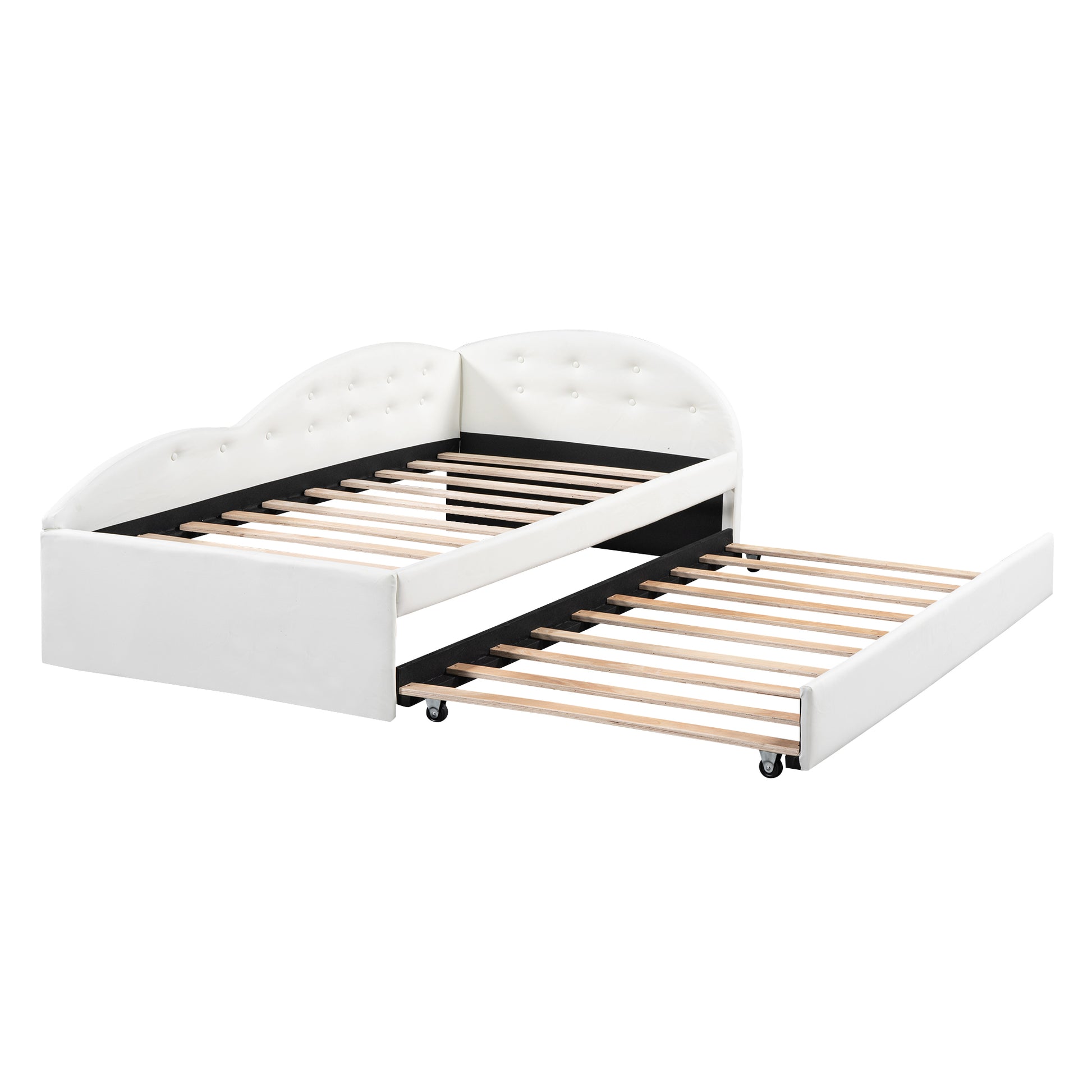 Twin Size Pu Upholstered Tufted Daybed With Trundle And Cloud Shaped Guardrail, White Box Spring Not Required Twin White Wood Faux Leather Upholstered