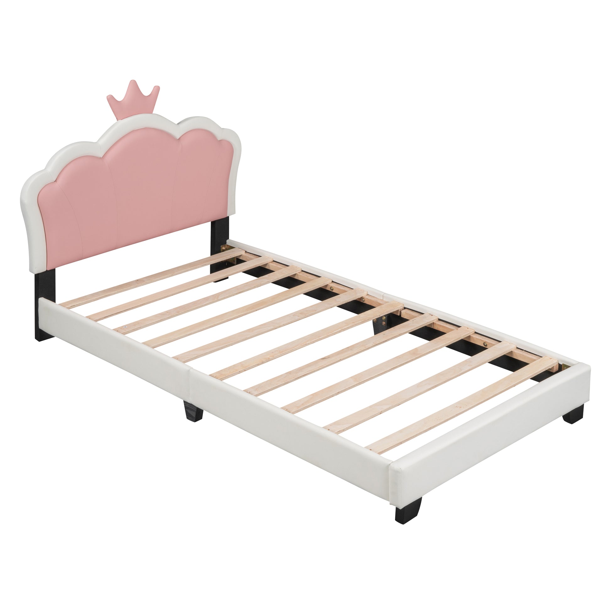 Twin Size Upholstered Princess Bed With Crown Headboard,Twin Size Platform Bed With Headboard And Footboard, White Pink Pink Pu