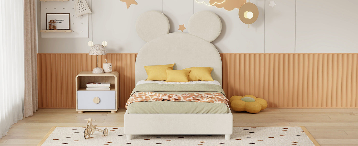 Twin Size Upholstered Platform Bed with Bear Ear beige-velvet