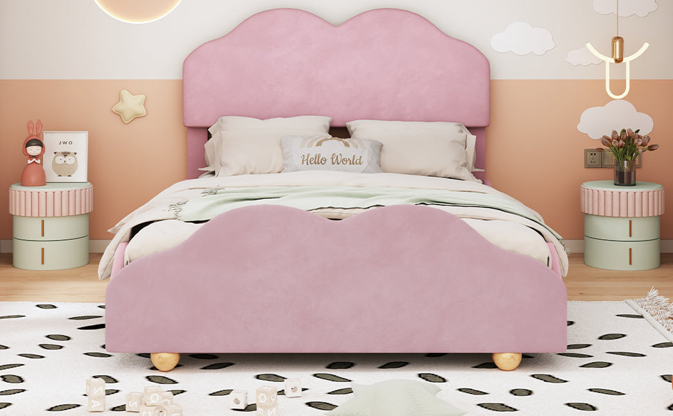 Full Size Upholstered Platform Bed With Cloud Shaped Bed Board, Light Pink Light Pink Velvet