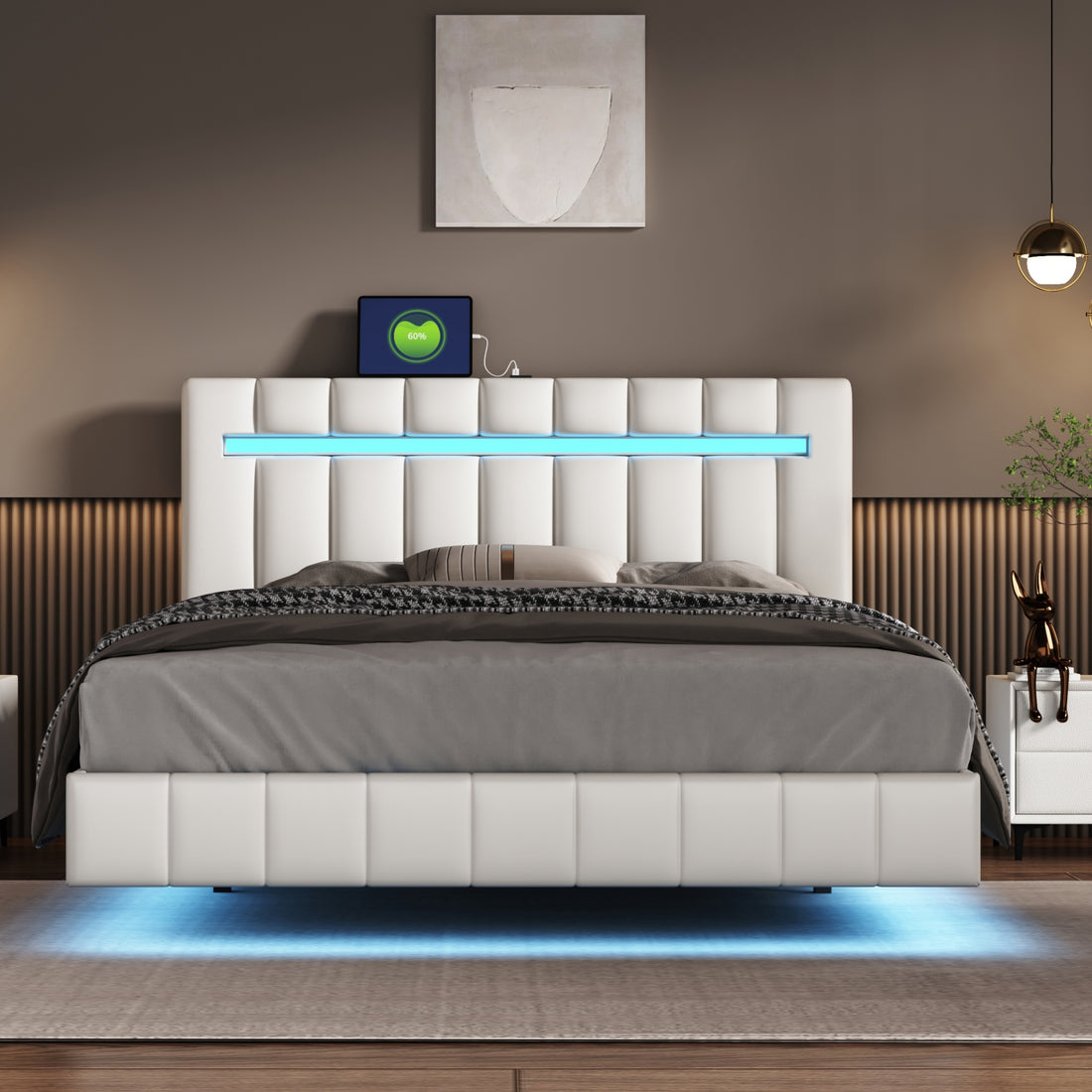 Queen Size Floating Bed Frame With Led Lights And Usb Charging,Modern Upholstered Platform Led Bed Frame, White White Pu