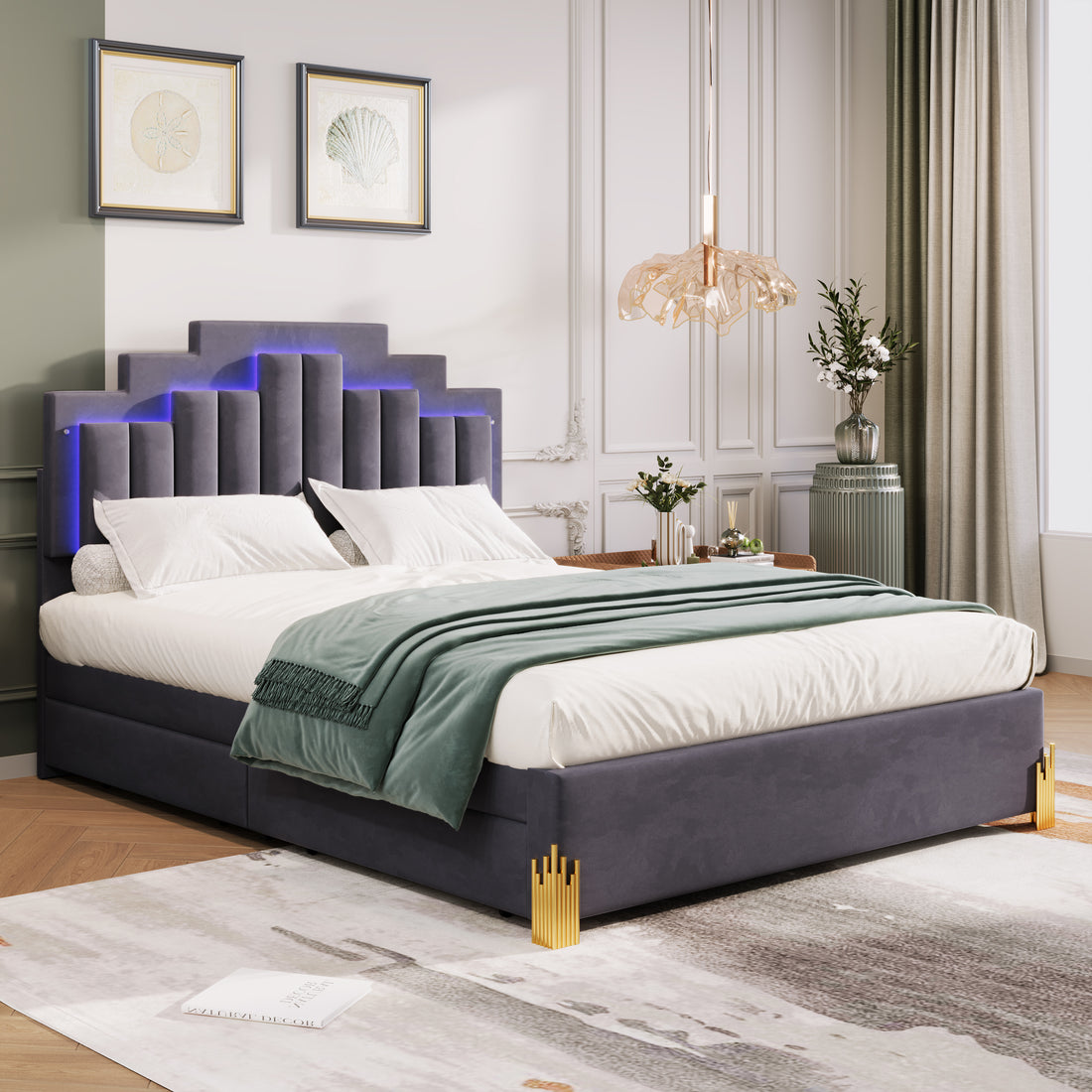 Queen Size Upholstered Platform Bed With Led Lights And 4 Drawers, Stylish Irregular Metal Bed Legs Design, Gray Gray Velvet