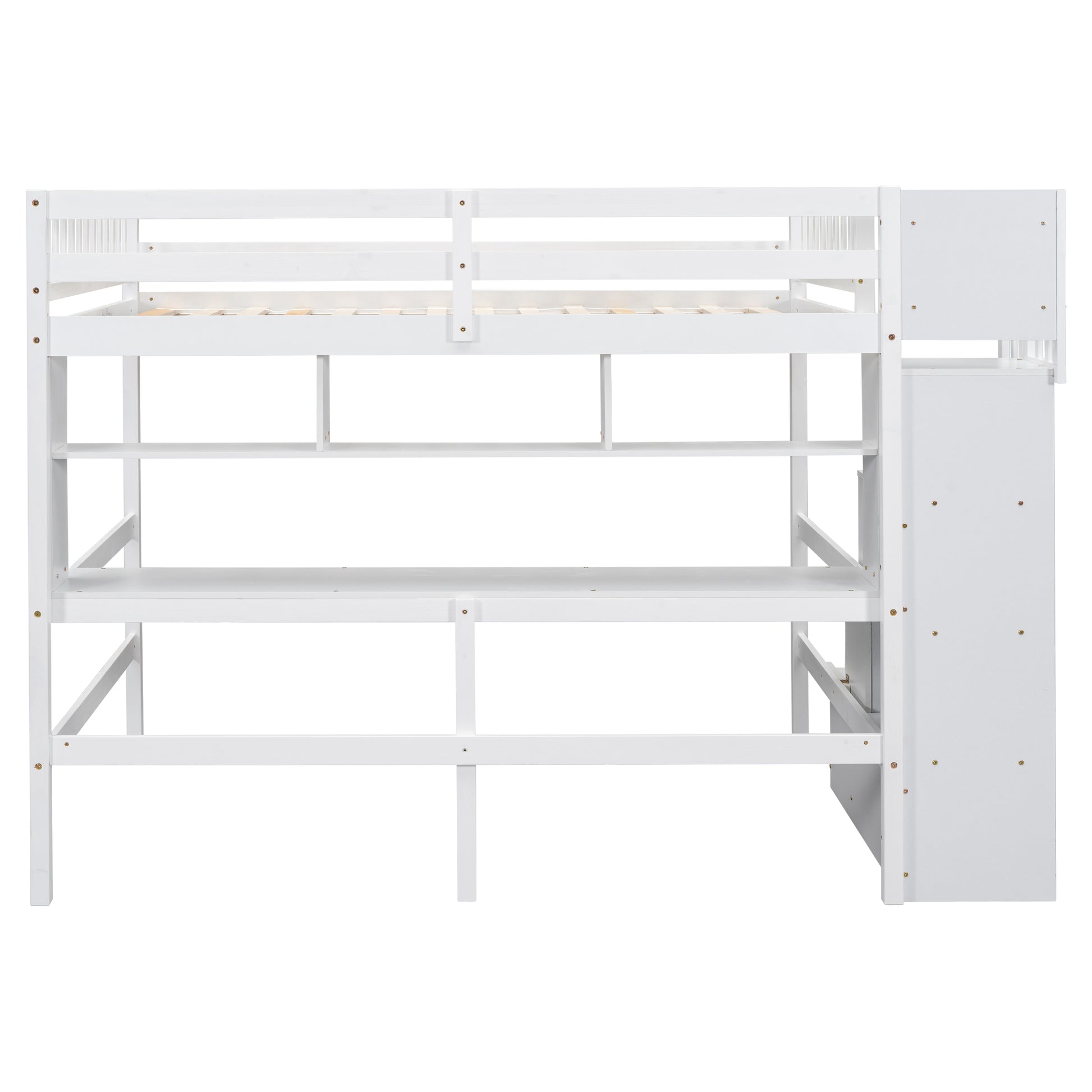 Full Size Loft Bed With Built In Desk, Bookshelves And Storage Staircase,White Full White American Design Pine