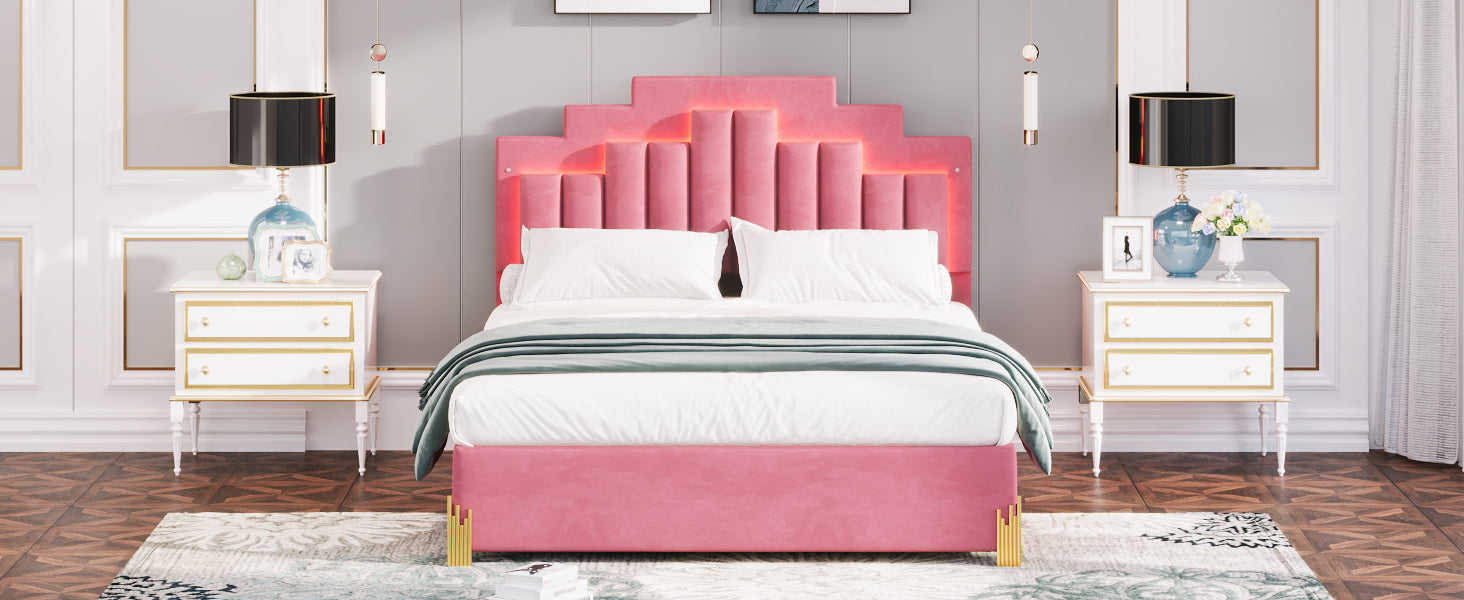 Queen Size Upholstered Platform Bed With Led Lights And 4 Drawers, Stylish Irregular Metal Bed Legs Design, Pink Pink Velvet