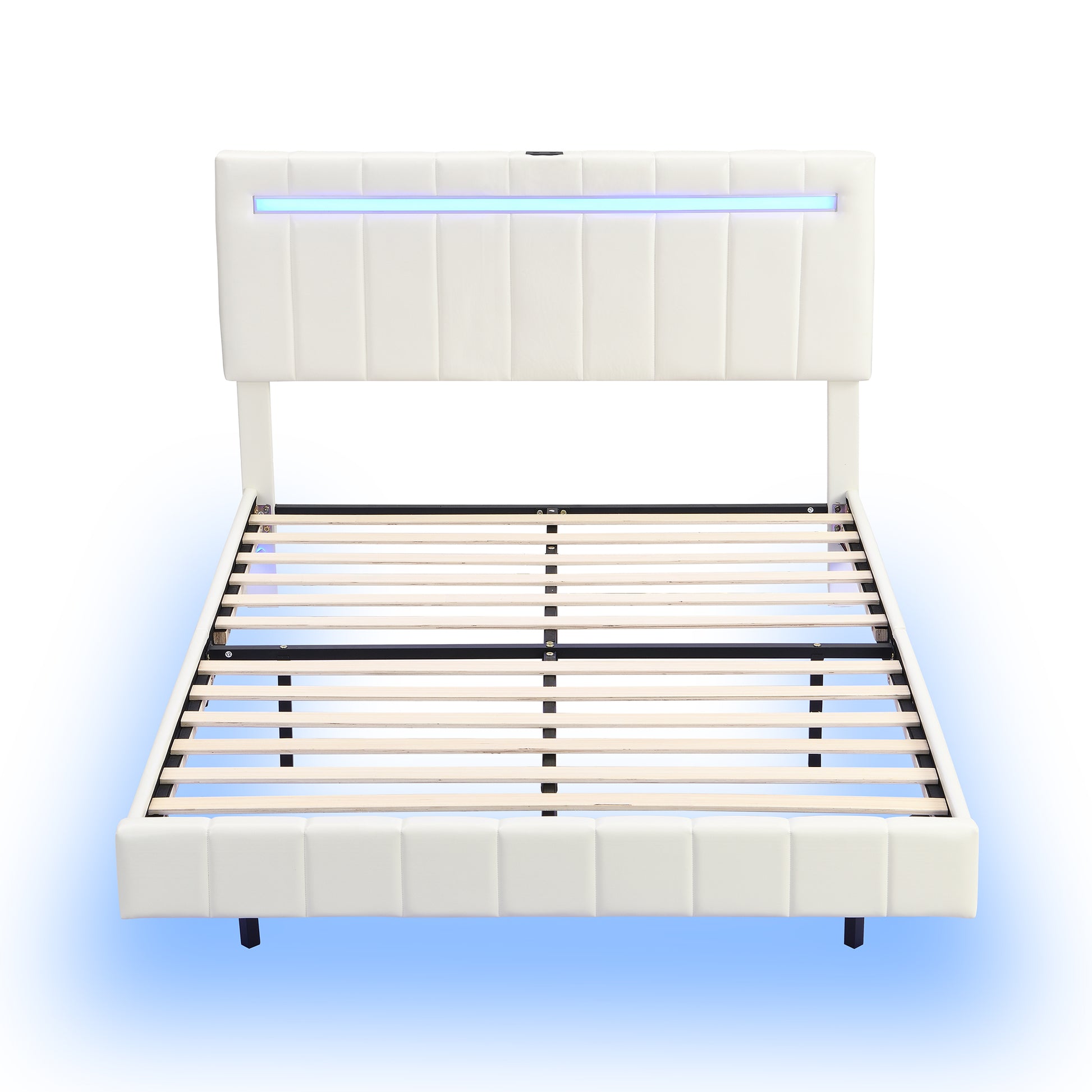 Queen Size Floating Bed Frame With Led Lights And Usb Charging,Modern Upholstered Platform Led Bed Frame, White White Pu