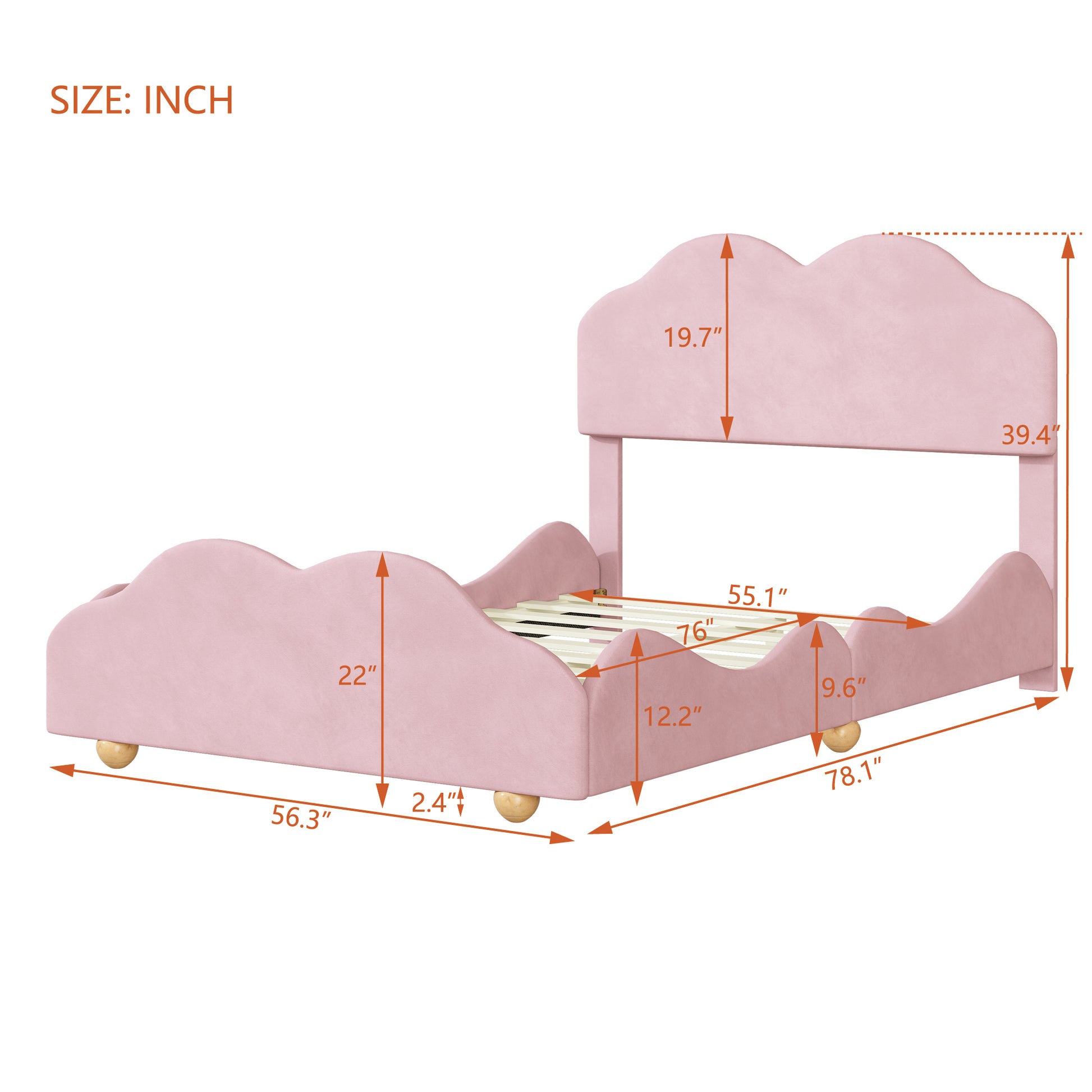 Full Size Upholstered Platform Bed With Cloud Shaped Bed Board, Light Pink Light Pink Velvet