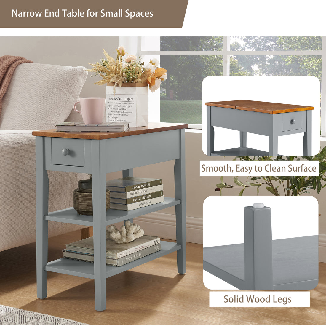 Narrow 2 Tone End Table With Usb Charging Ports For Small Space, Solid Wood Table Legs, Gray And Walnut, 11.8"W*24"D*24.2"H Gray Mdf