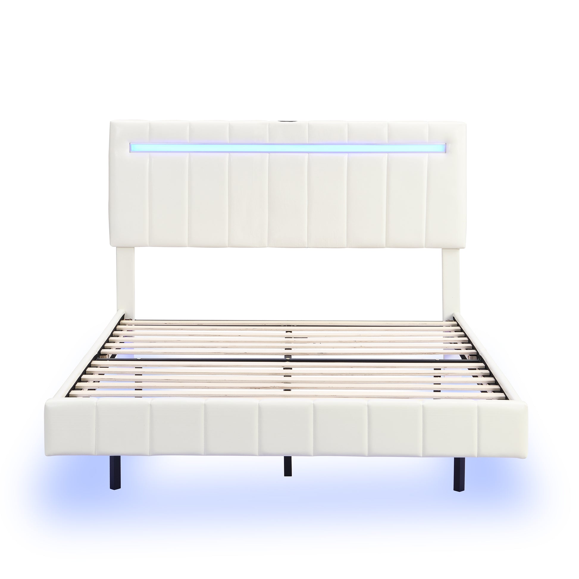 Queen Size Floating Bed Frame With Led Lights And Usb Charging,Modern Upholstered Platform Led Bed Frame, White White Pu