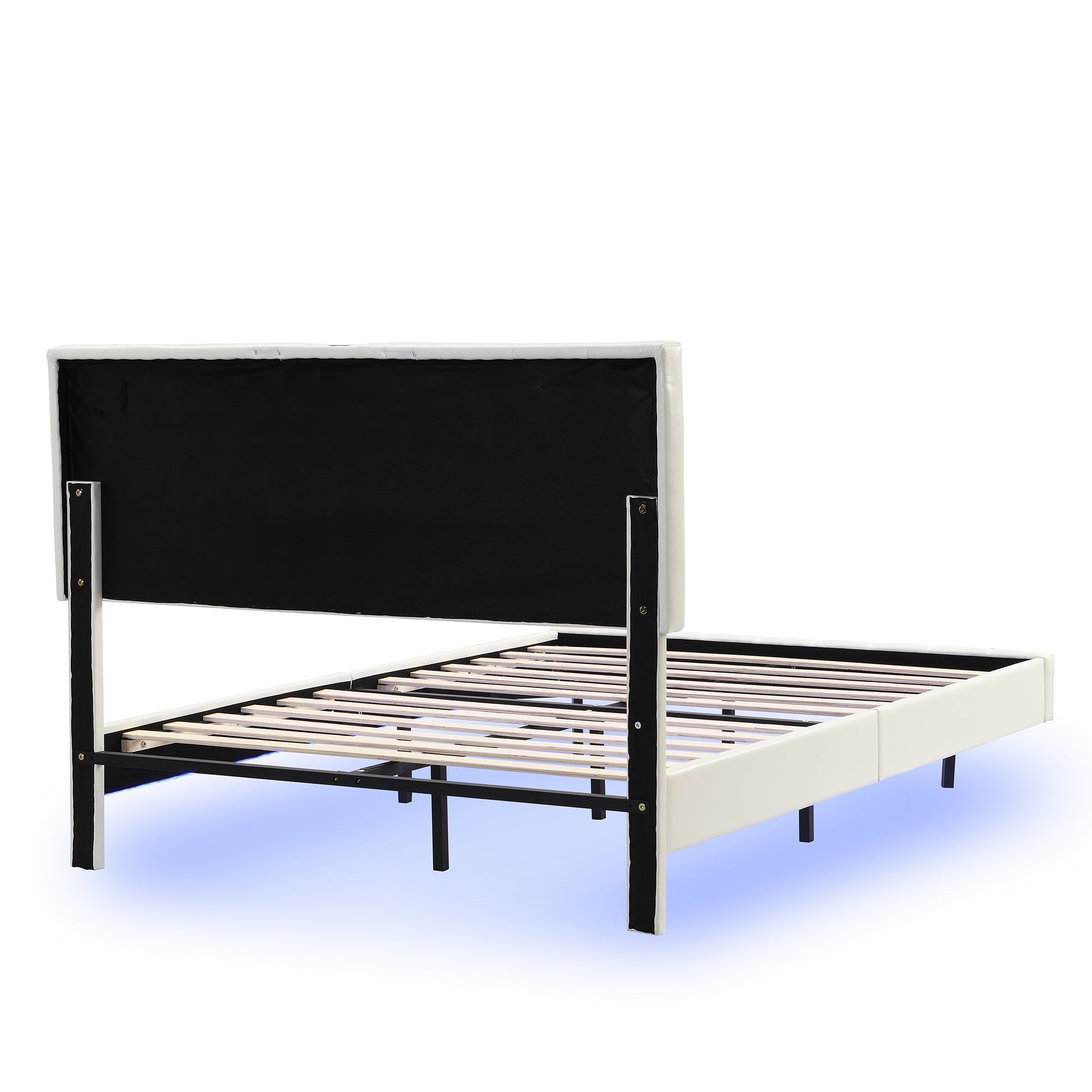 Queen Size Floating Bed Frame With Led Lights And Usb Charging,Modern Upholstered Platform Led Bed Frame, White White Pu