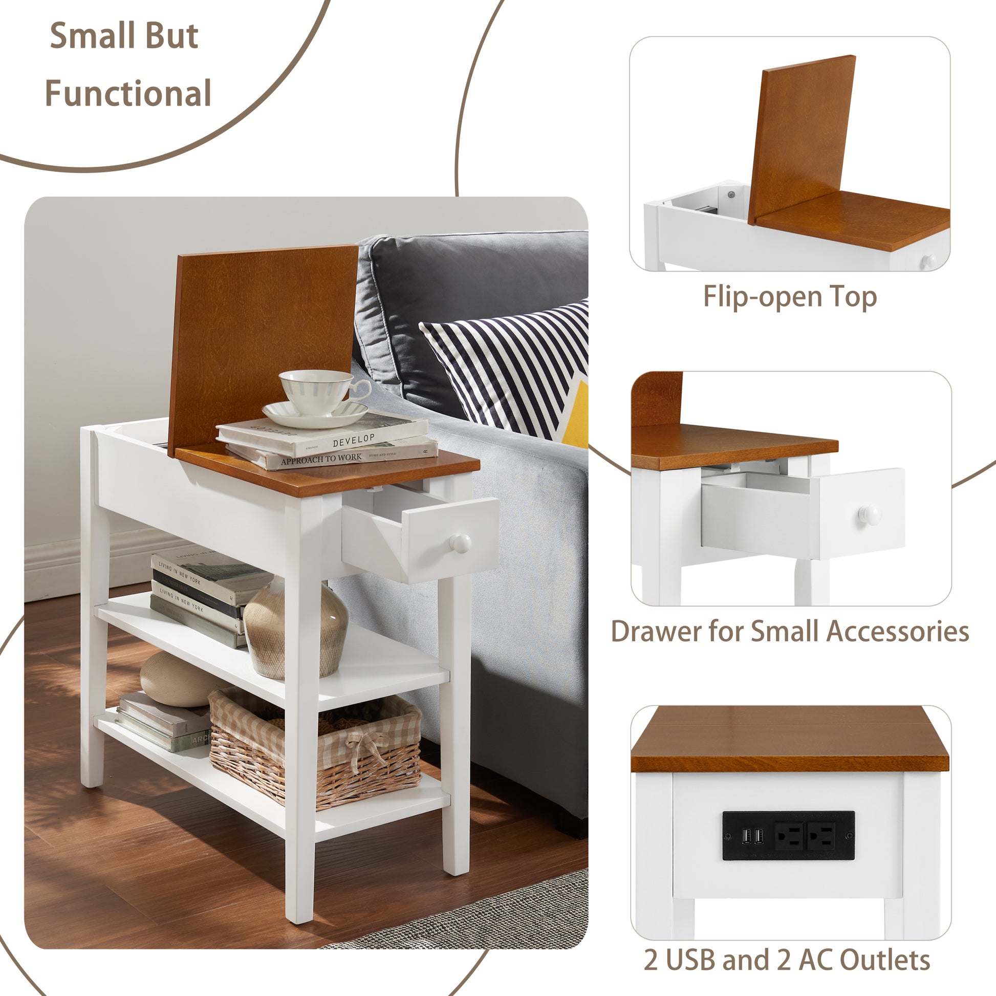 Narrow 2 Tone End Table With Usb Charging Ports For Small Space, Solid Wood Table Legs, White And Walnut, 11.8"W*24"D*24.2"H White Mdf