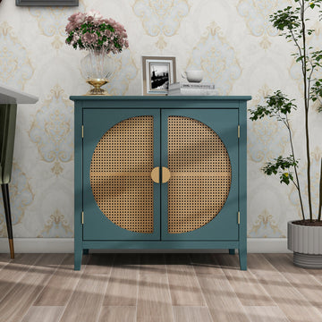 2 Door Cabinet With Semicircular Elements,Natural Rattan Weaving,Suitable For Multiple Scenes Such As Living Room, Bedroom, Study Room Dark Green Mdf