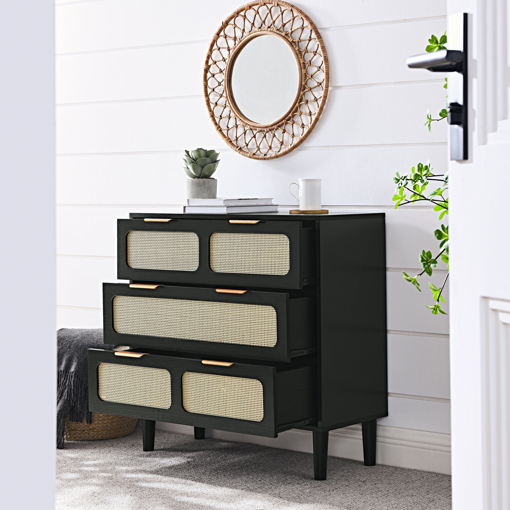 3 Drawer Dresser, Modern Rattan Dresser Cabinet With Wide Drawers And Metal Handles, Farmhouse Wooden Storage Chest Of Drawers For Room, Living Room, Hallway, Entrance, Office Black Solid Wood Mdf