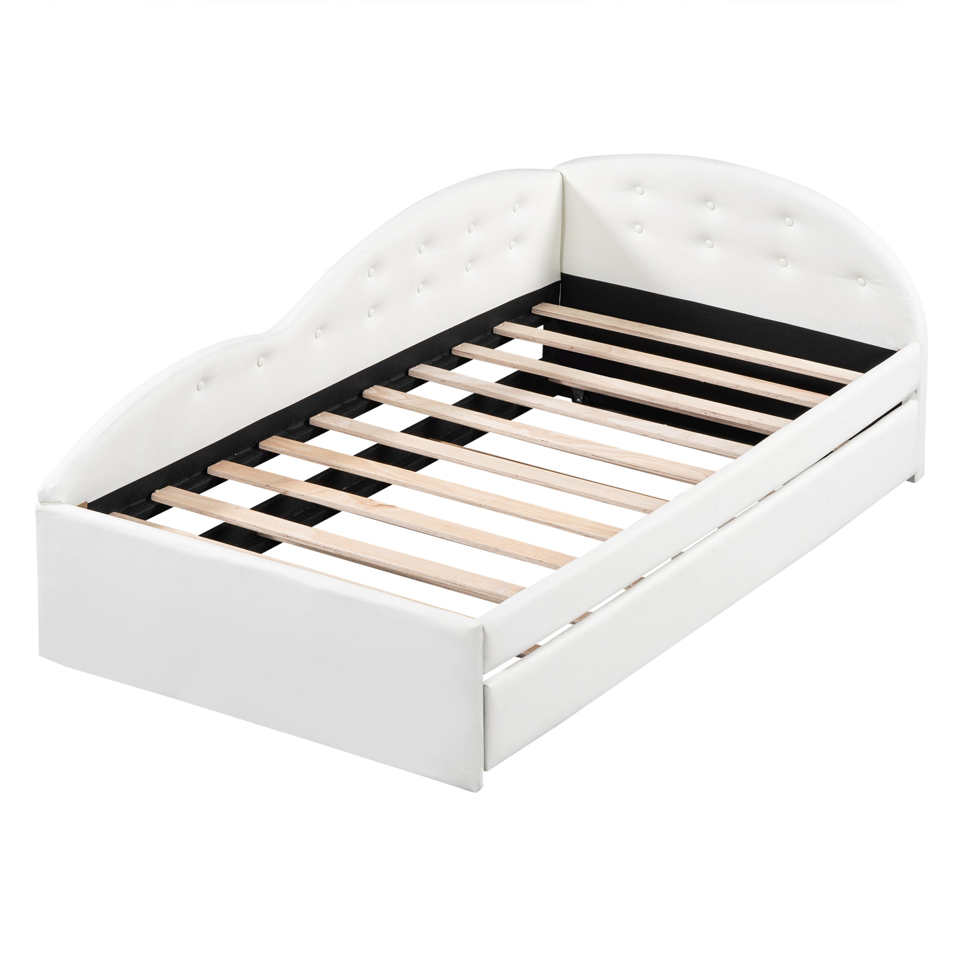 Twin Size Pu Upholstered Tufted Daybed With Trundle And Cloud Shaped Guardrail, White Box Spring Not Required Twin White Wood Faux Leather Upholstered