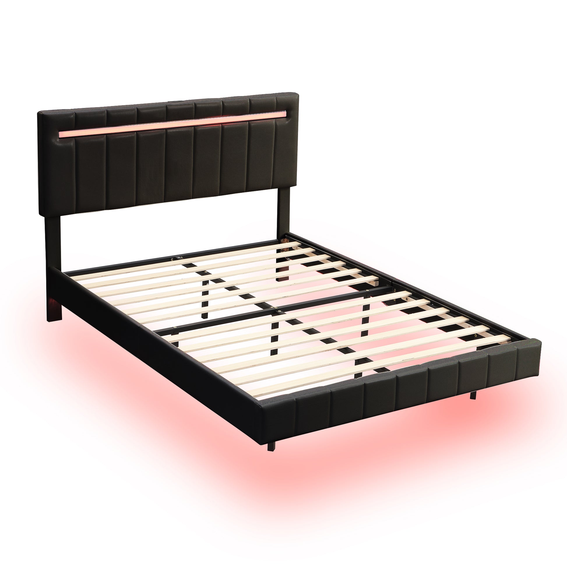 Queen Size Floating Bed Frame With Led Lights And Usb Charging,Modern Upholstered Platform Led Bed Frame,Black Black Pu