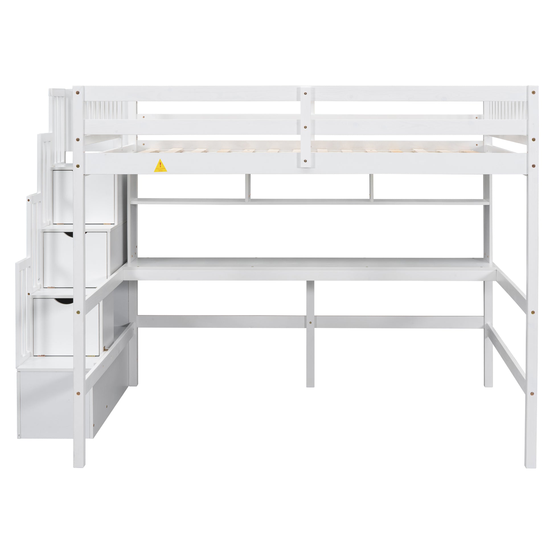 Full Size Loft Bed With Built In Desk, Bookshelves And Storage Staircase,White Full White American Design Pine
