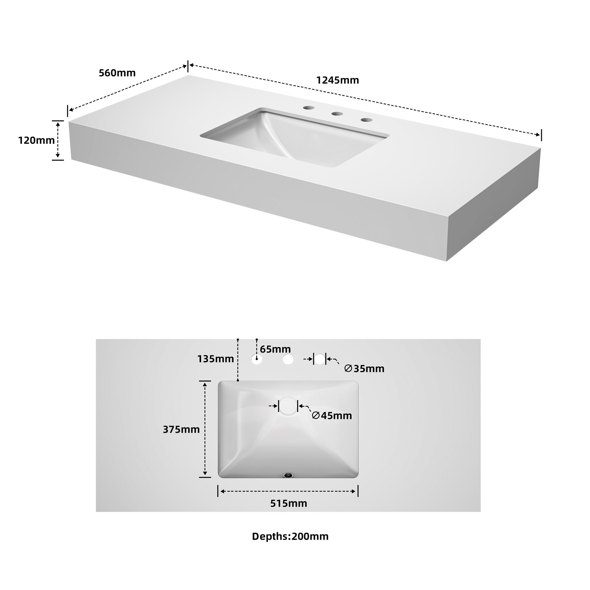 Bathroom Vanity Top49 "X 22" Under Hanging 4.7" Pure White Rock Panel Can Be Hung Single, With Mounting Bracket, Cupc Ceramic Sink And Three Hole Faucet Hole With Backsplash White Marble