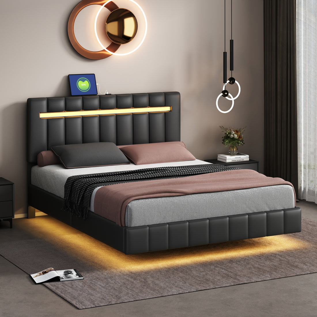 Queen Size Floating Bed Frame With Led Lights And Usb Charging,Modern Upholstered Platform Led Bed Frame,Black Black Pu