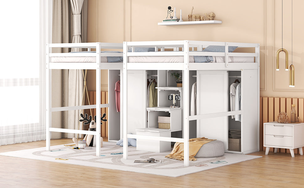 Double Twin Loft Beds With Wardrobes And Staircase, White White Solid Wood Mdf