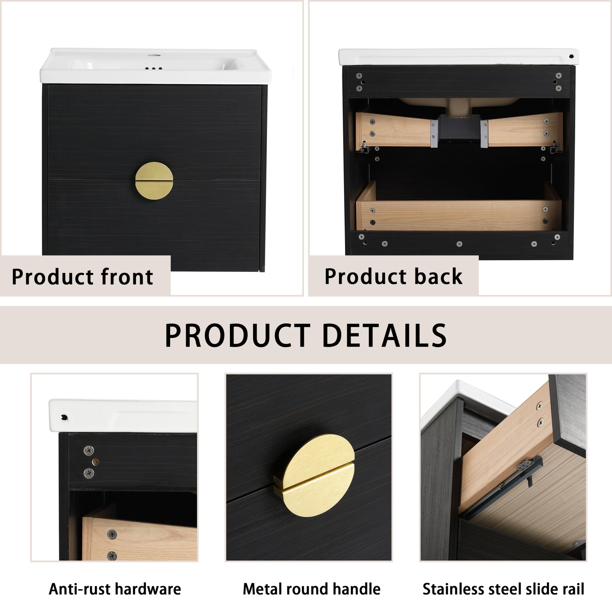 24 Inch Wall Mounted Bathroom Vanity With Sink, For Small Bathroom Kd Packing 2 Black Chestnut Bathroom Wall Mounted Modern Plywood