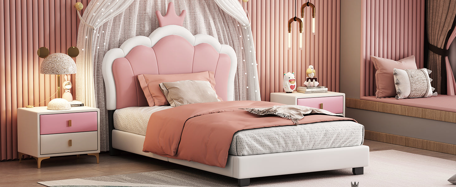 Twin Size Upholstered Princess Bed With Crown Headboard,Twin Size Platform Bed With Headboard And Footboard, White Pink Pink Pu