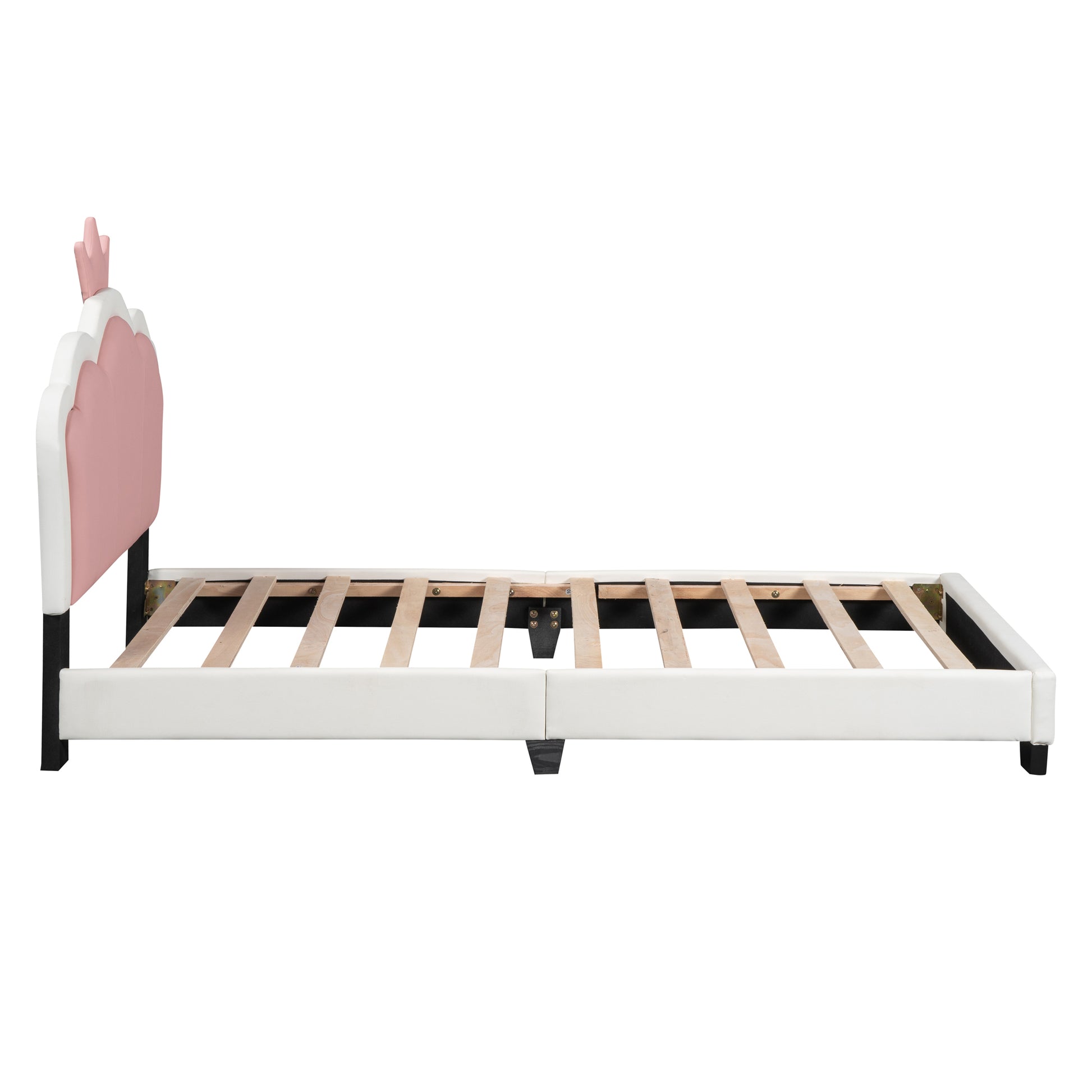 Twin Size Upholstered Princess Bed With Crown Headboard,Twin Size Platform Bed With Headboard And Footboard, White Pink Pink Pu