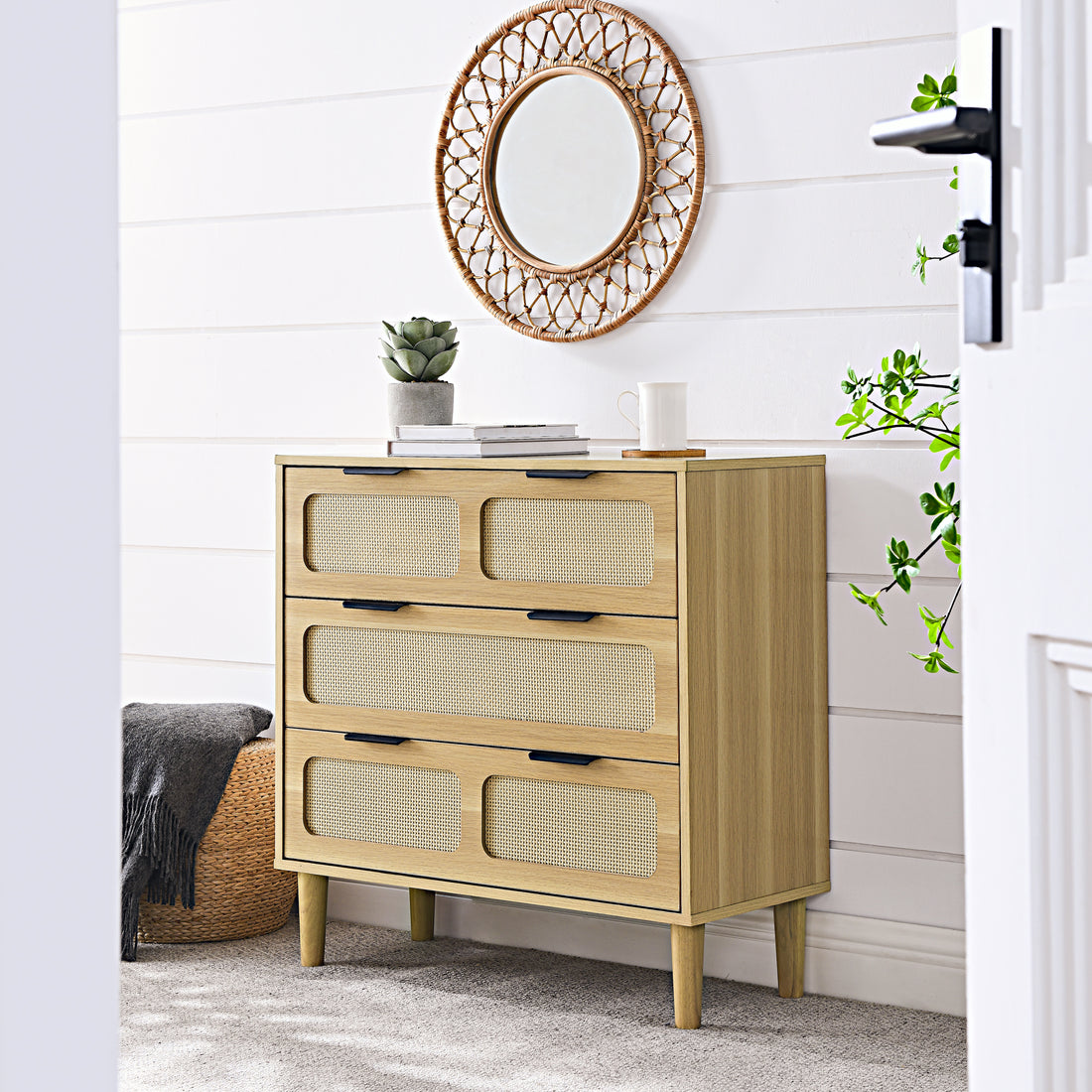 3 Drawer Dresser, Modern Rattan Dresser Cabinet With Wide Drawers And Metal Handles, Farmhouse Wooden Storage Chest Of Drawers For Room, Living Room, Hallway, Entrance, Office Natural Wood Solid Wood Mdf