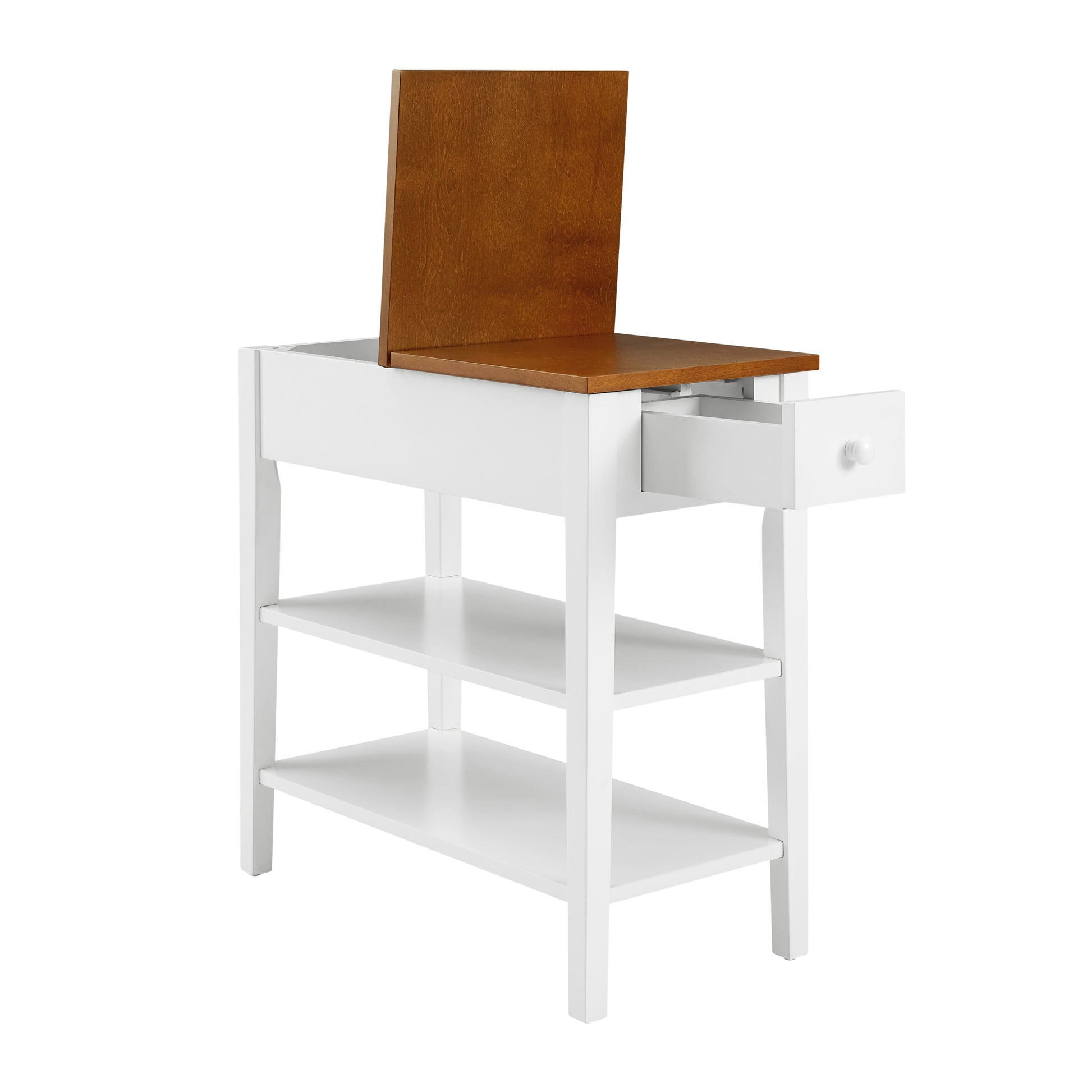 Narrow 2 Tone End Table With Usb Charging Ports For Small Space, Solid Wood Table Legs, White And Walnut, 11.8"W*24"D*24.2"H White Mdf