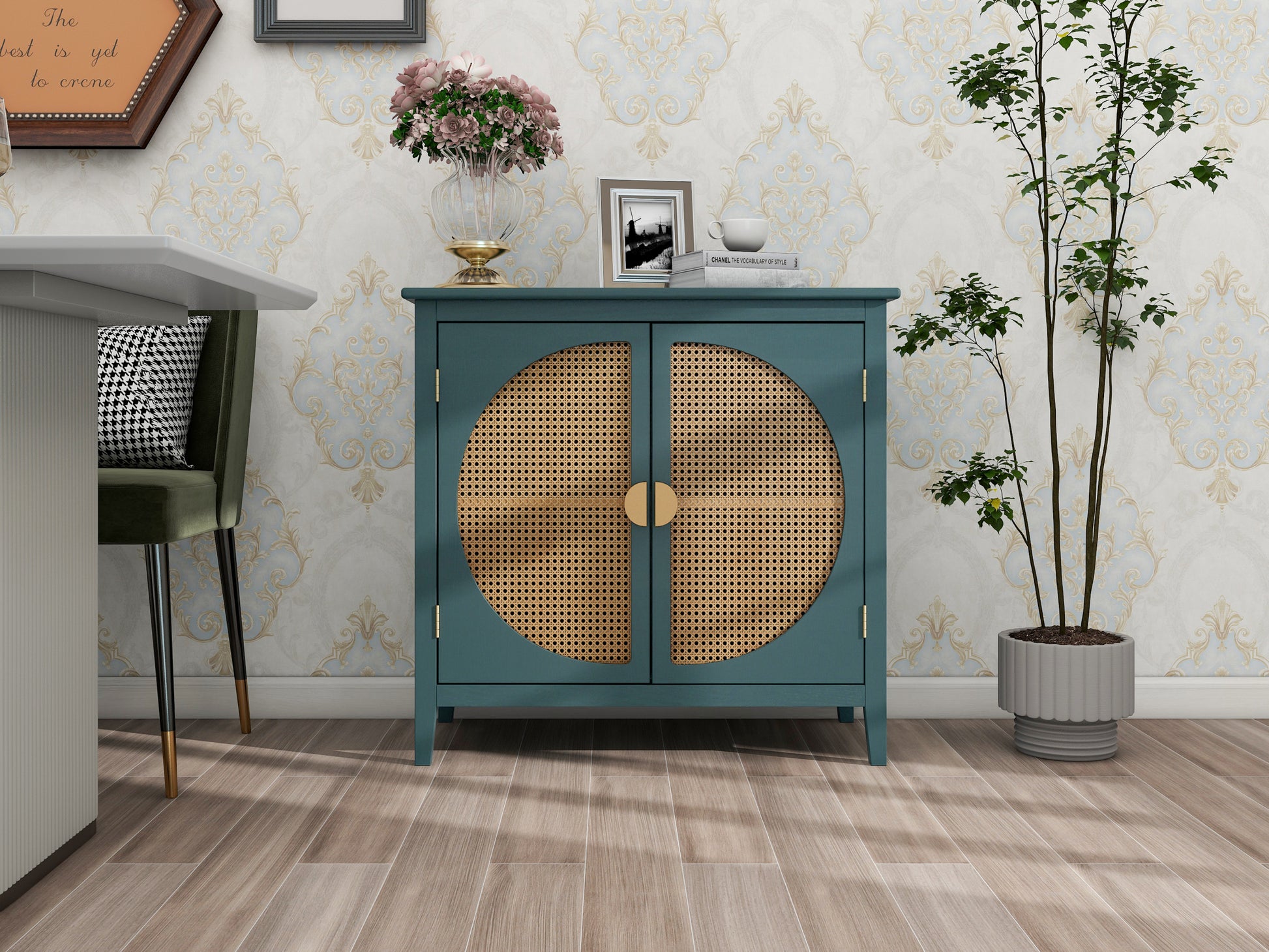 2 Door Cabinet With Semicircular Elements,Natural Rattan Weaving,Suitable For Multiple Scenes Such As Living Room, Bedroom, Study Room Dark Green Mdf