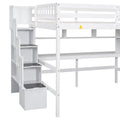 Full Size Loft Bed With Built In Desk, Bookshelves And Storage Staircase,White Full White American Design Pine