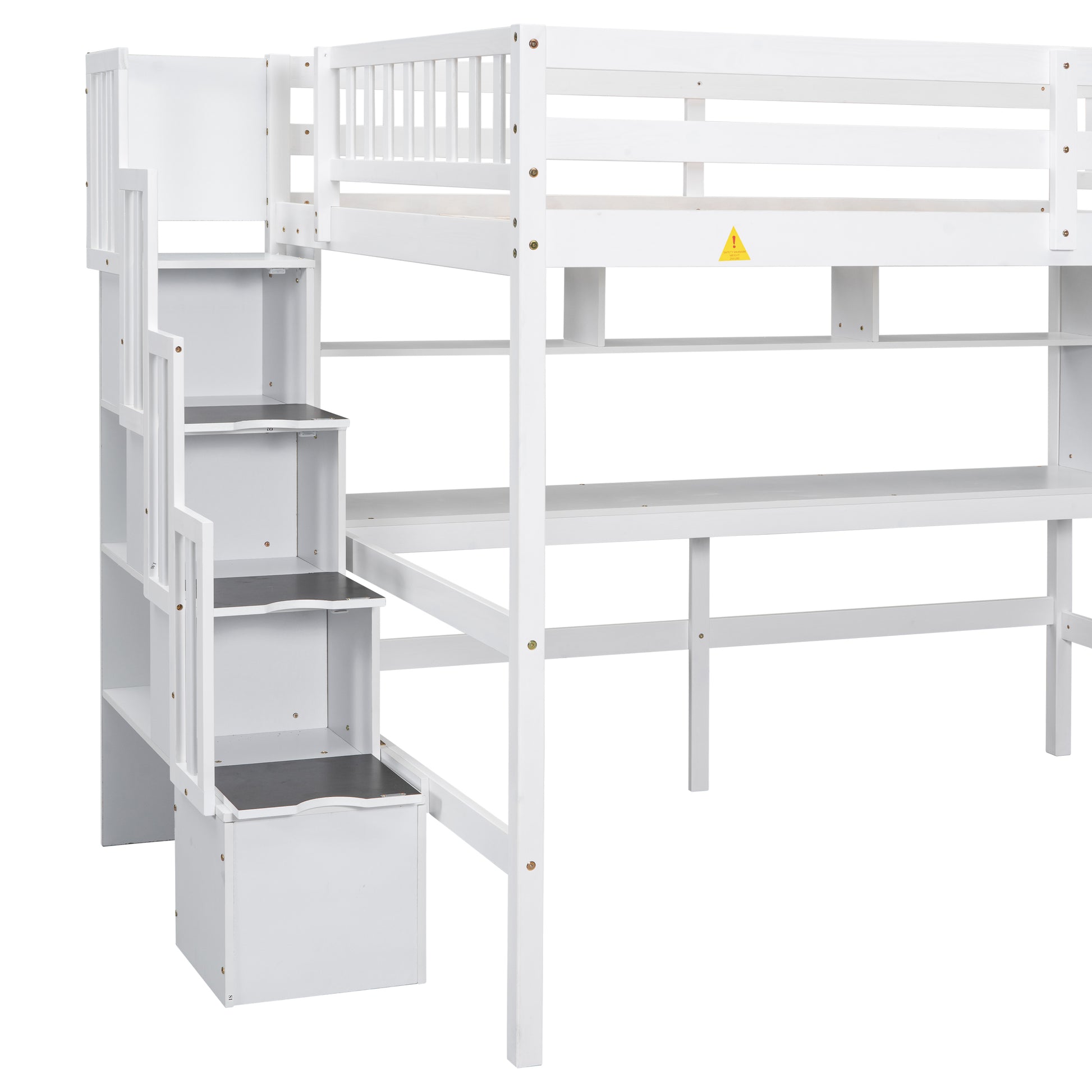 Full Size Loft Bed With Built In Desk, Bookshelves And Storage Staircase,White Full White American Design Pine