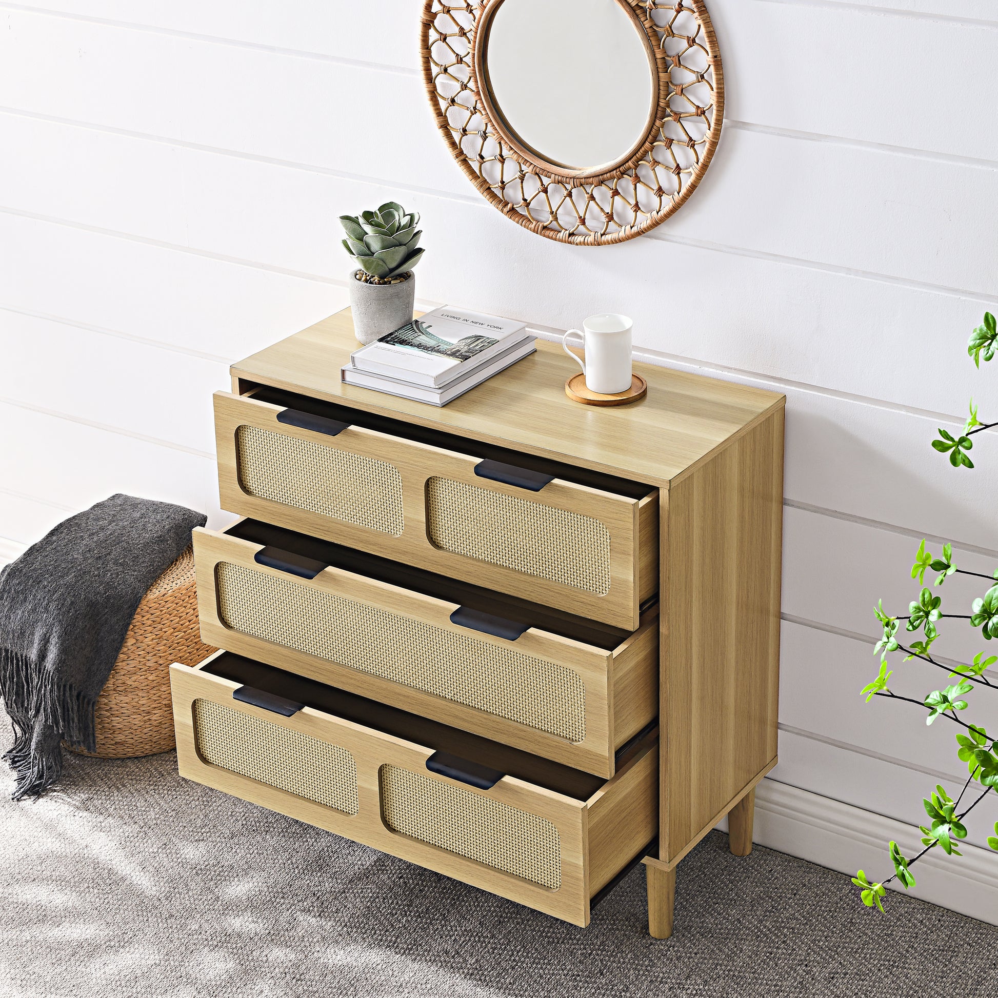 3 Drawer Dresser, Modern Rattan Dresser Cabinet With Wide Drawers And Metal Handles, Farmhouse Wooden Storage Chest Of Drawers For Room, Living Room, Hallway, Entrance, Office Natural Wood Solid Wood Mdf