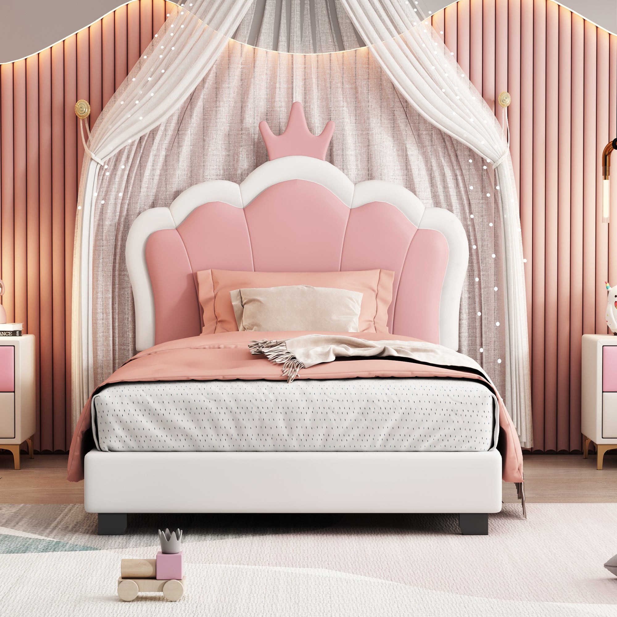 Twin Size Upholstered Princess Bed With Crown Headboard,Twin Size Platform Bed With Headboard And Footboard, White Pink Pink Pu